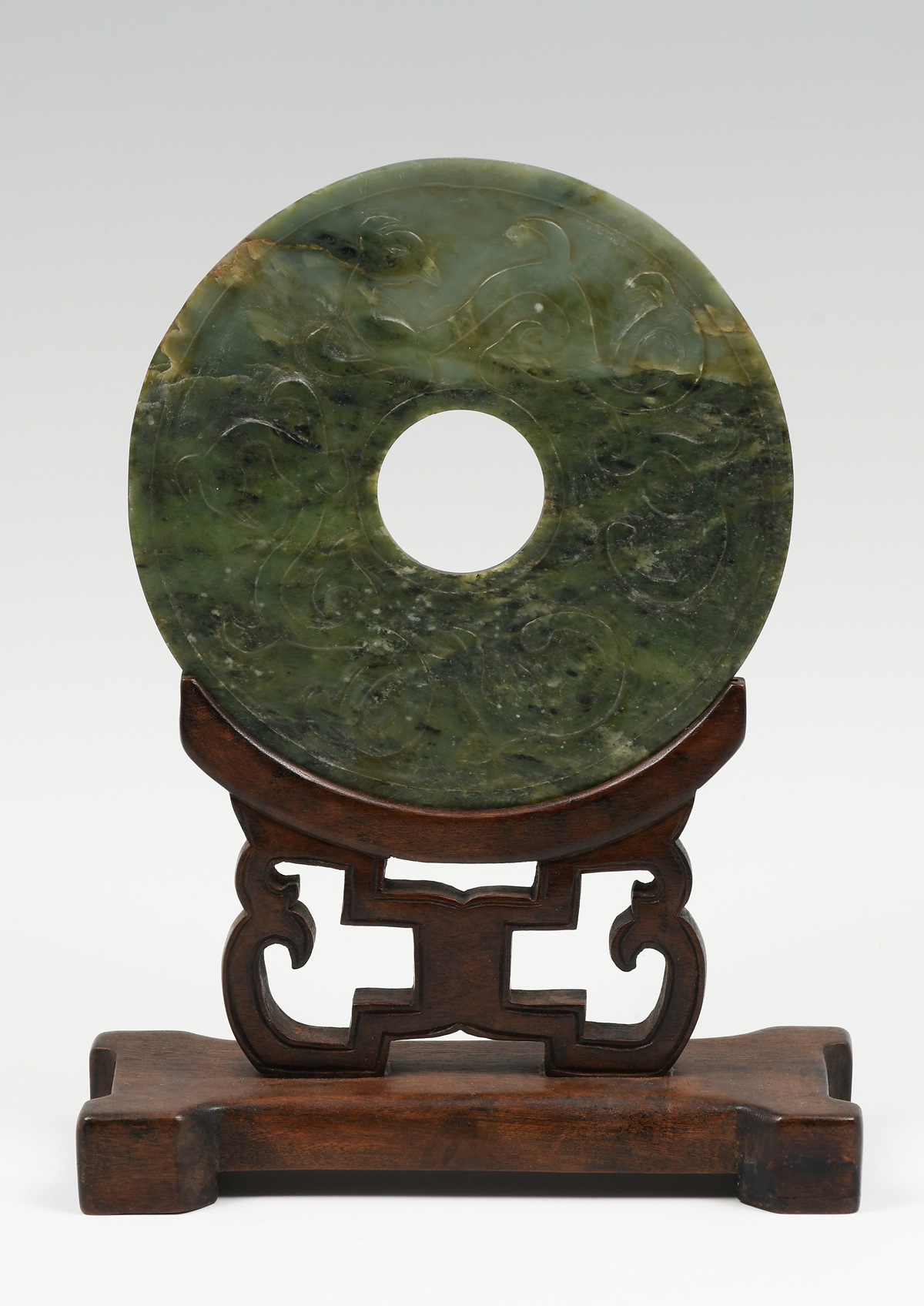 CARVED CHINESE JADE BI WITH STAND: