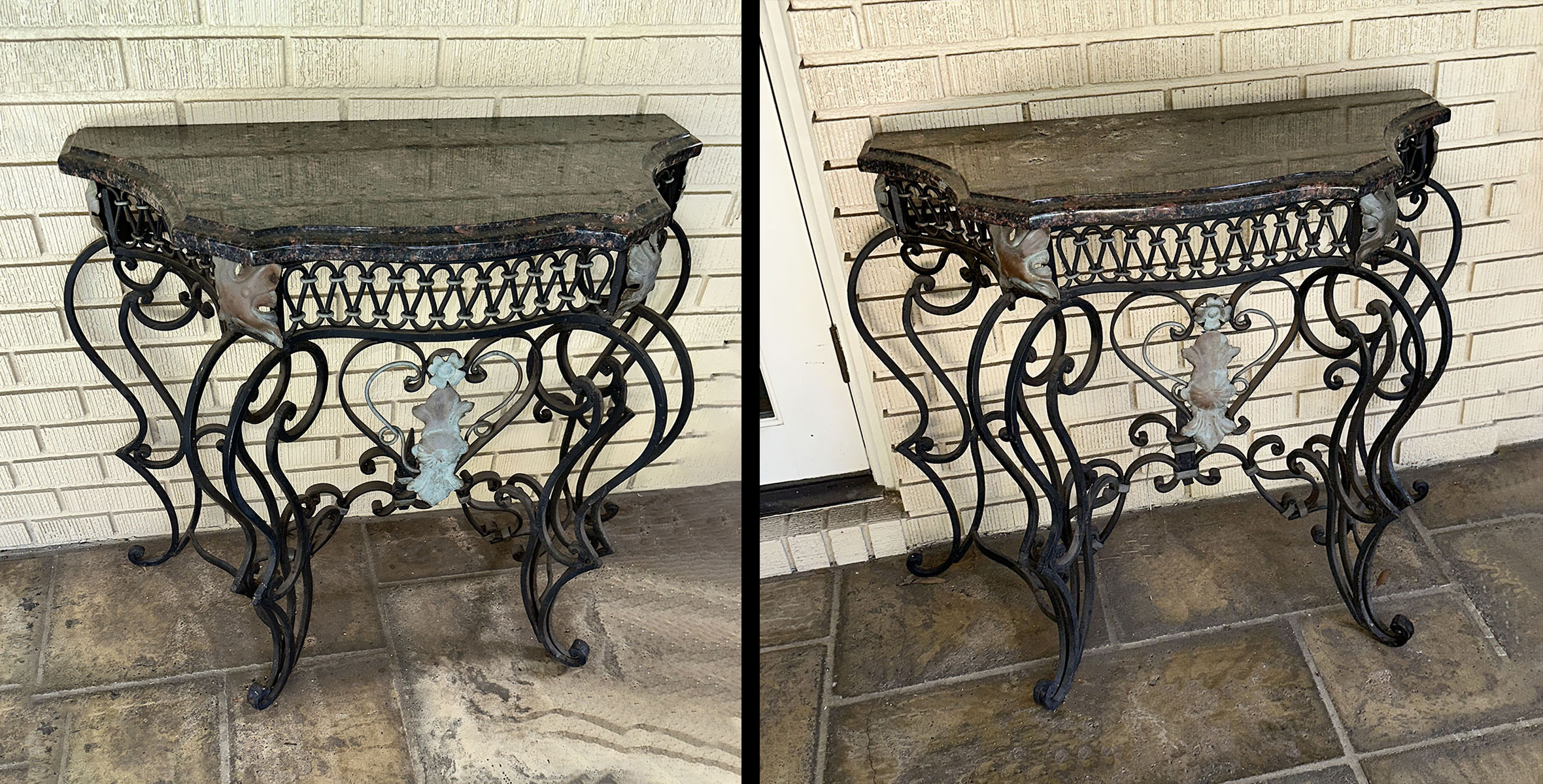 PAIR OF MARBLE TOP WROUGHT IRON