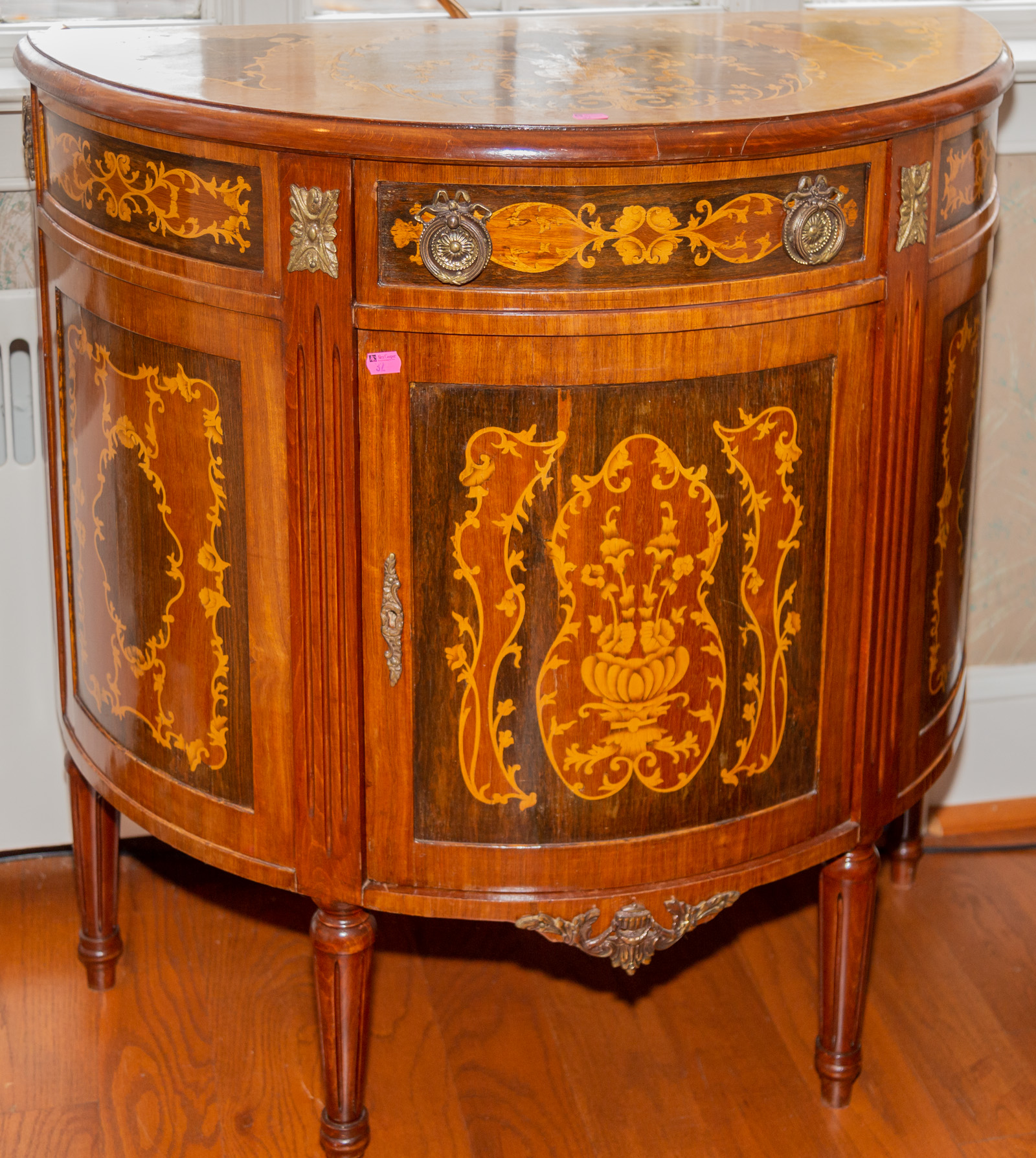 A LOUIS XV STYLE MARQUETRY DEMILUNE