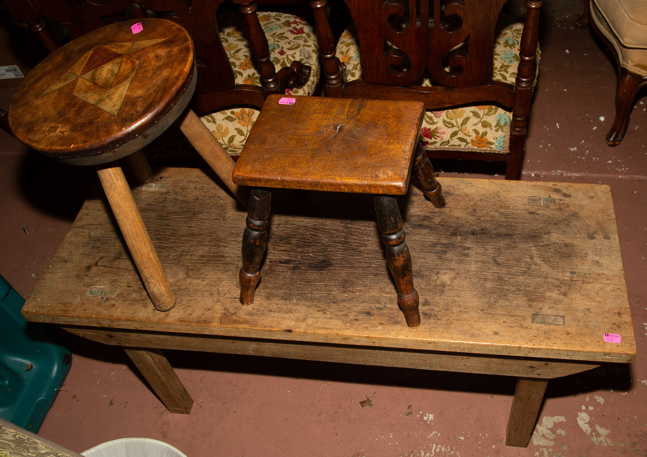 TWO PRIMITIVE STOOLS & A PRIMITIVE BENCH