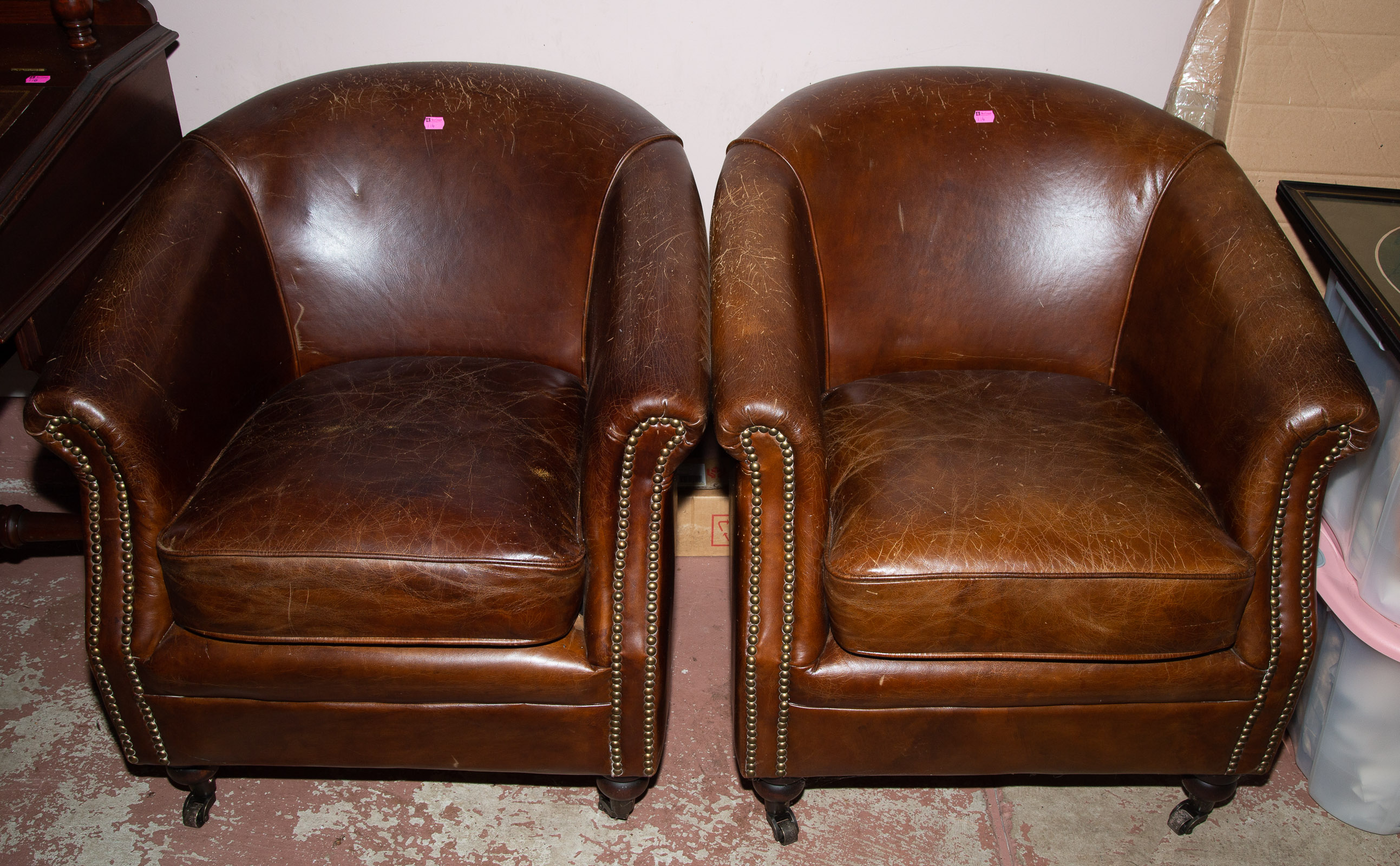 A PAIR OF LEATHER CLUB CHAIRS 20th