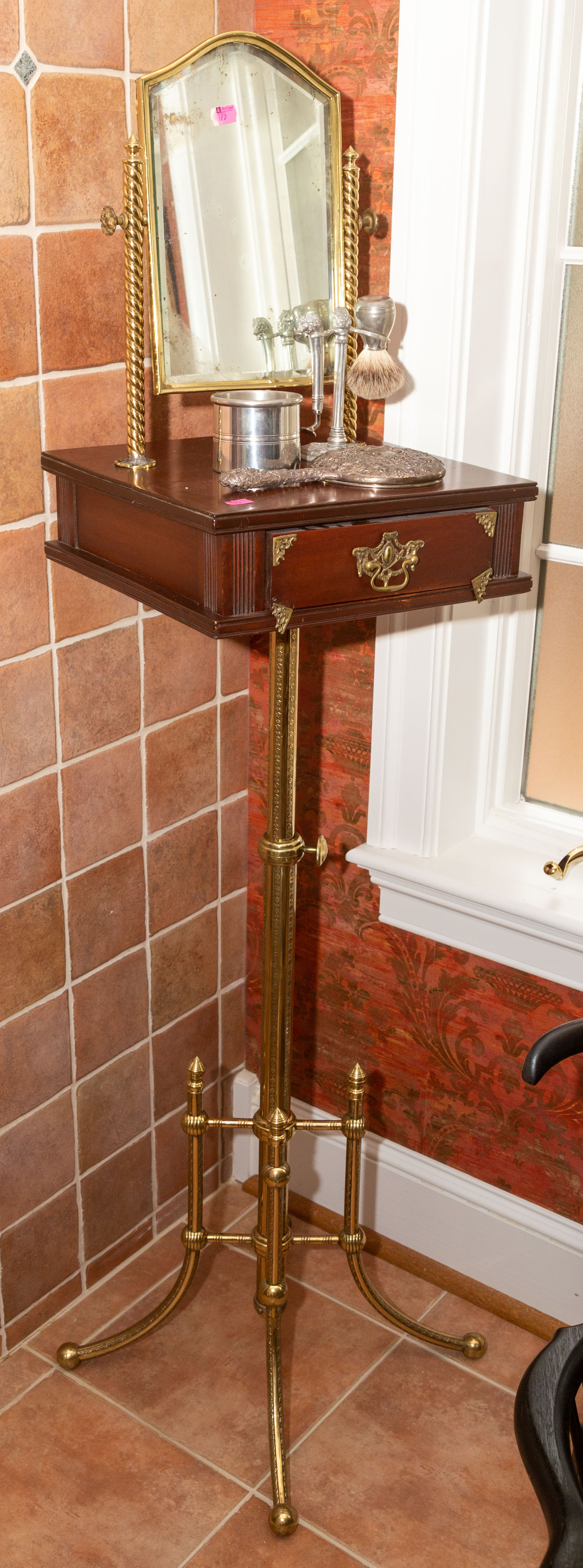 A WALNUT & BRASS MIRRORED VANITY