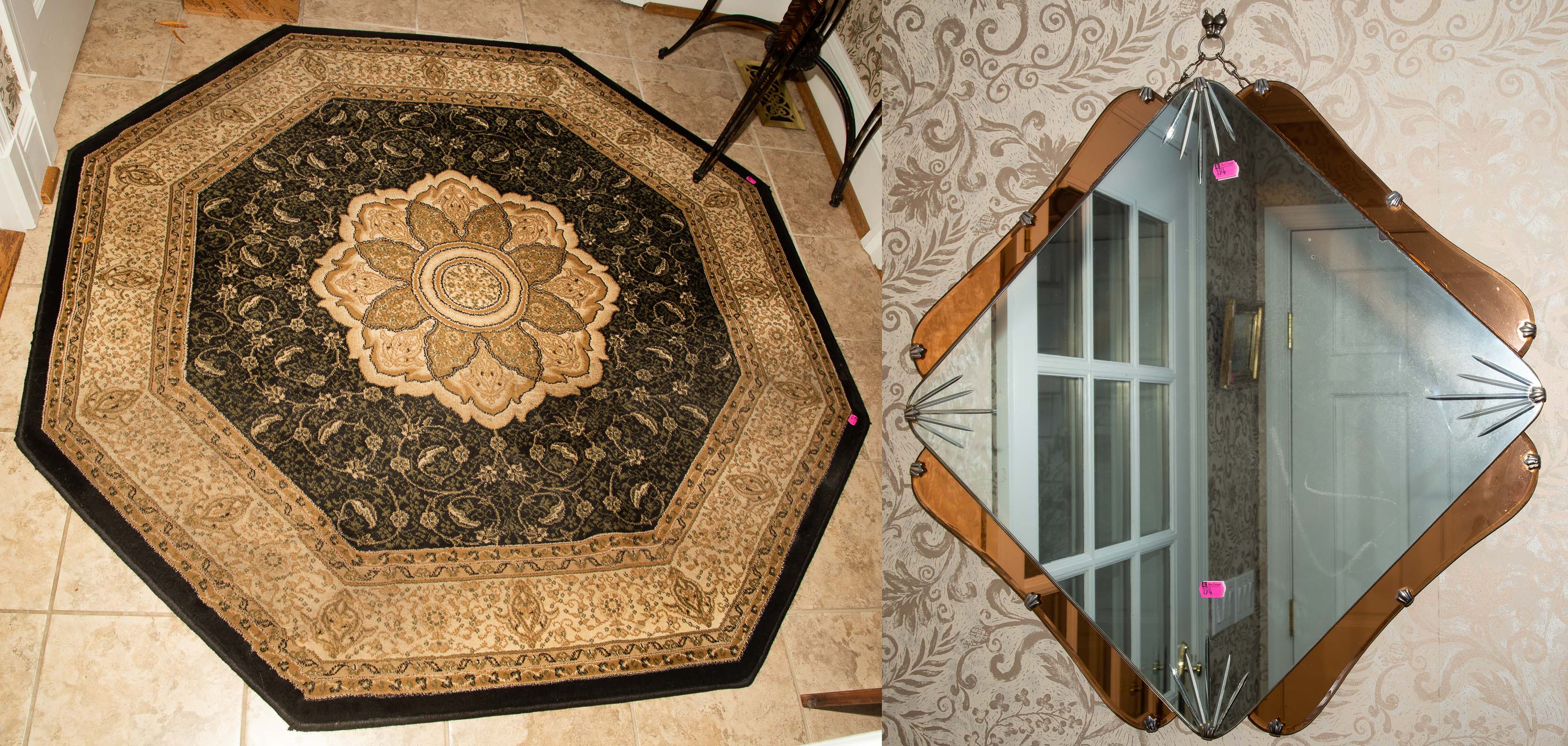 AN ETCHED MIRROR & OCTAGONAL RUG