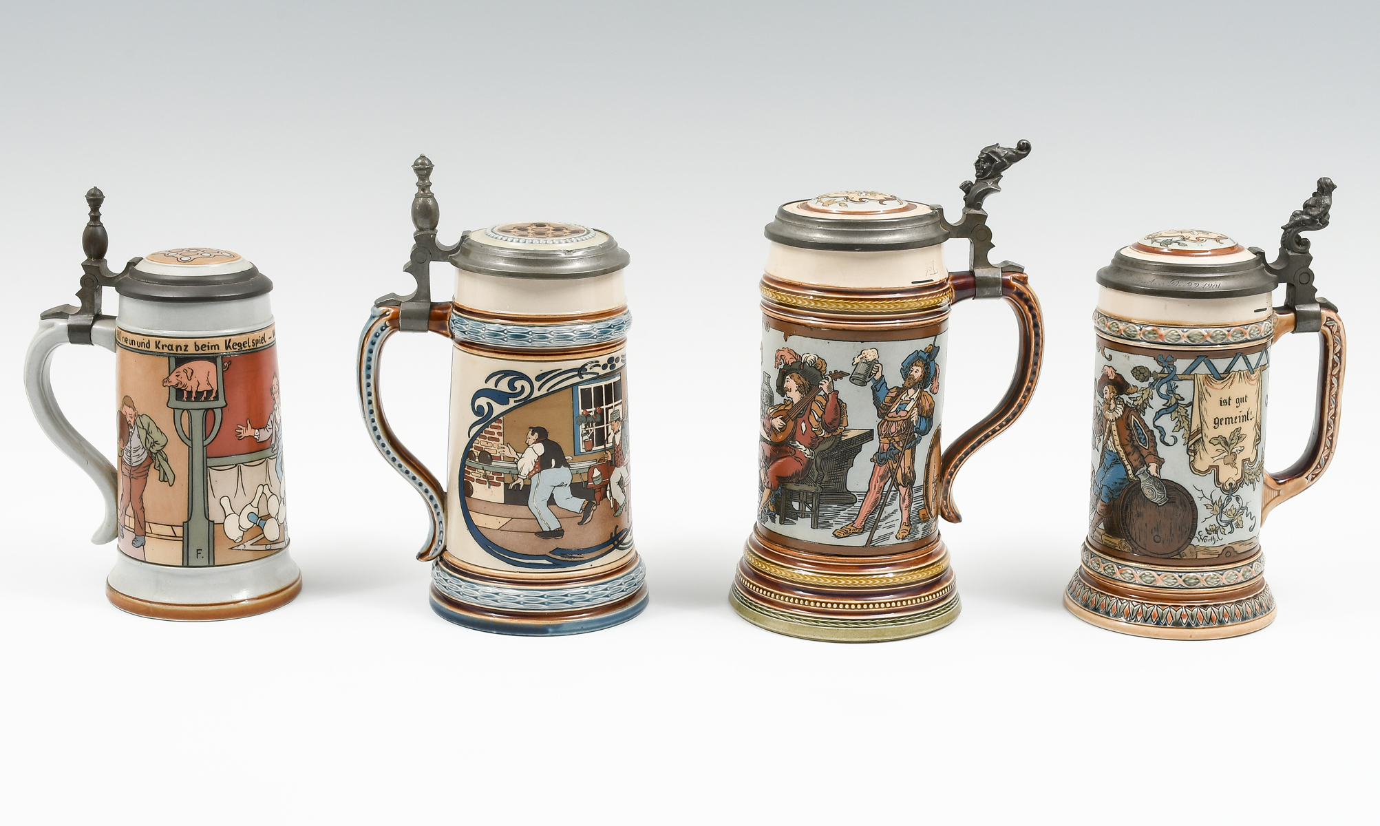 4 PC. METTLACH FIGURAL STEINS: Comprising;