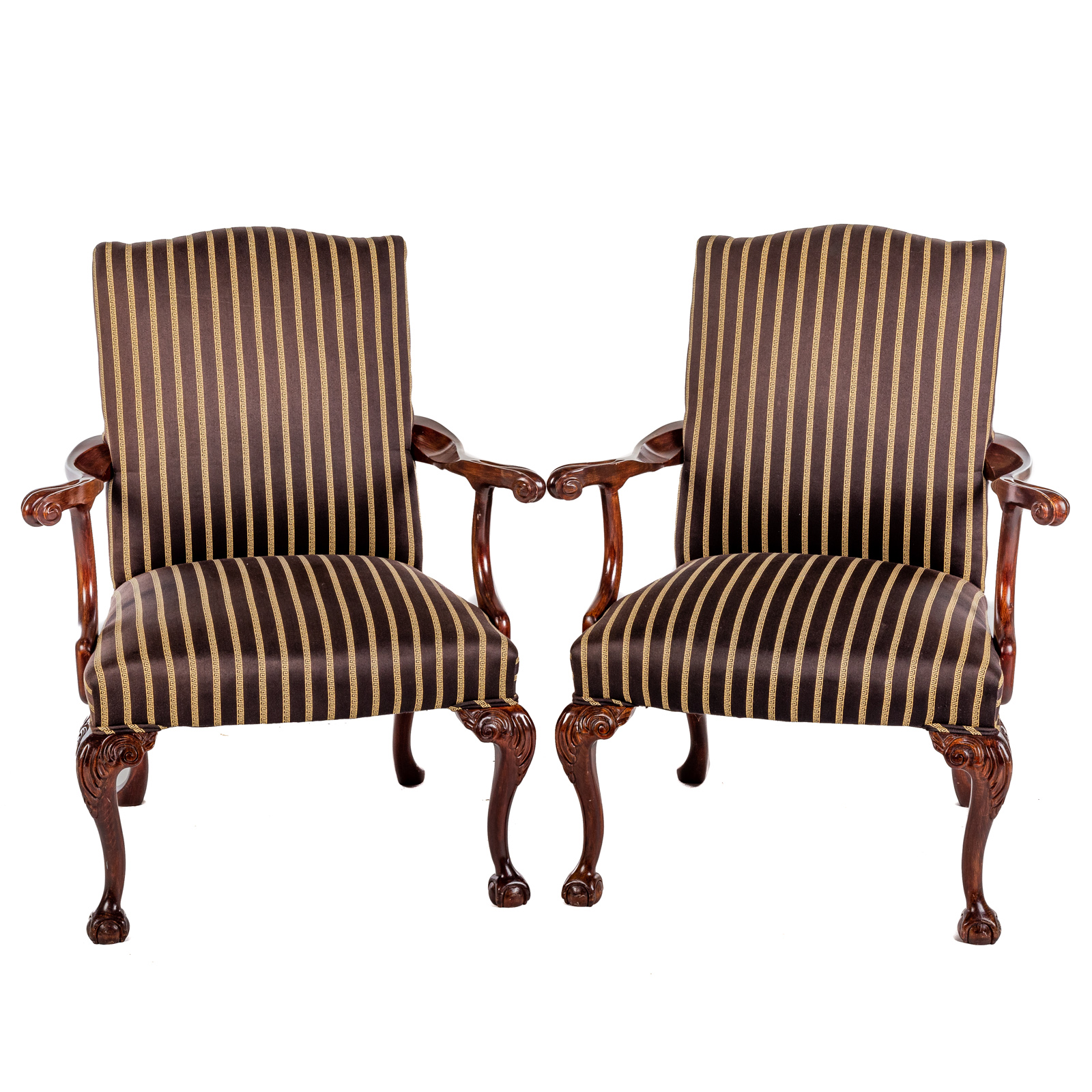 A PAIR OF CHIPPENDALE STYLE UPHOLSTERED