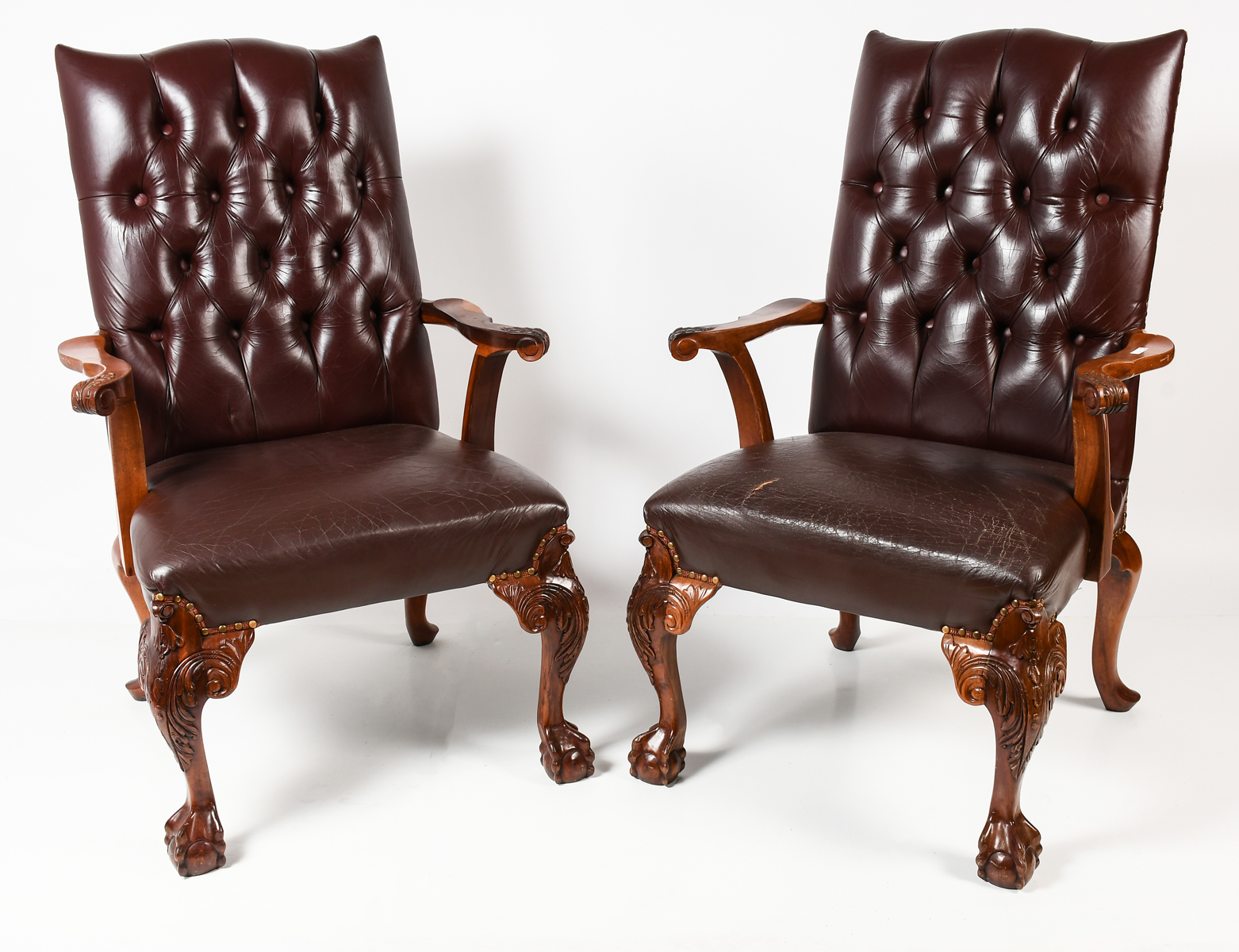 PAIR LEATHER CHIPPENDALE ARMCHAIRS: