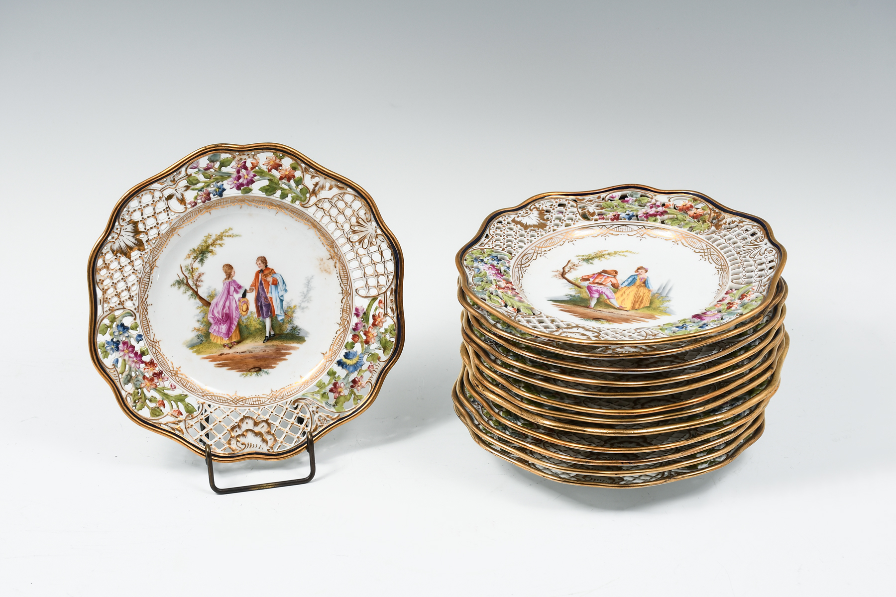 13 PC. RETICULATED DRESDEN FIGURAL PLATES: