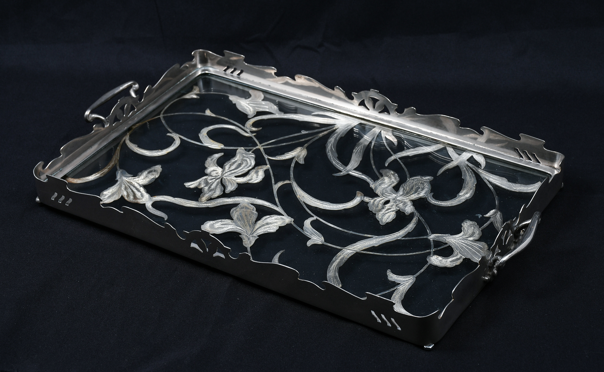 STERLING IRIS MOTIF SERVING TRAY: