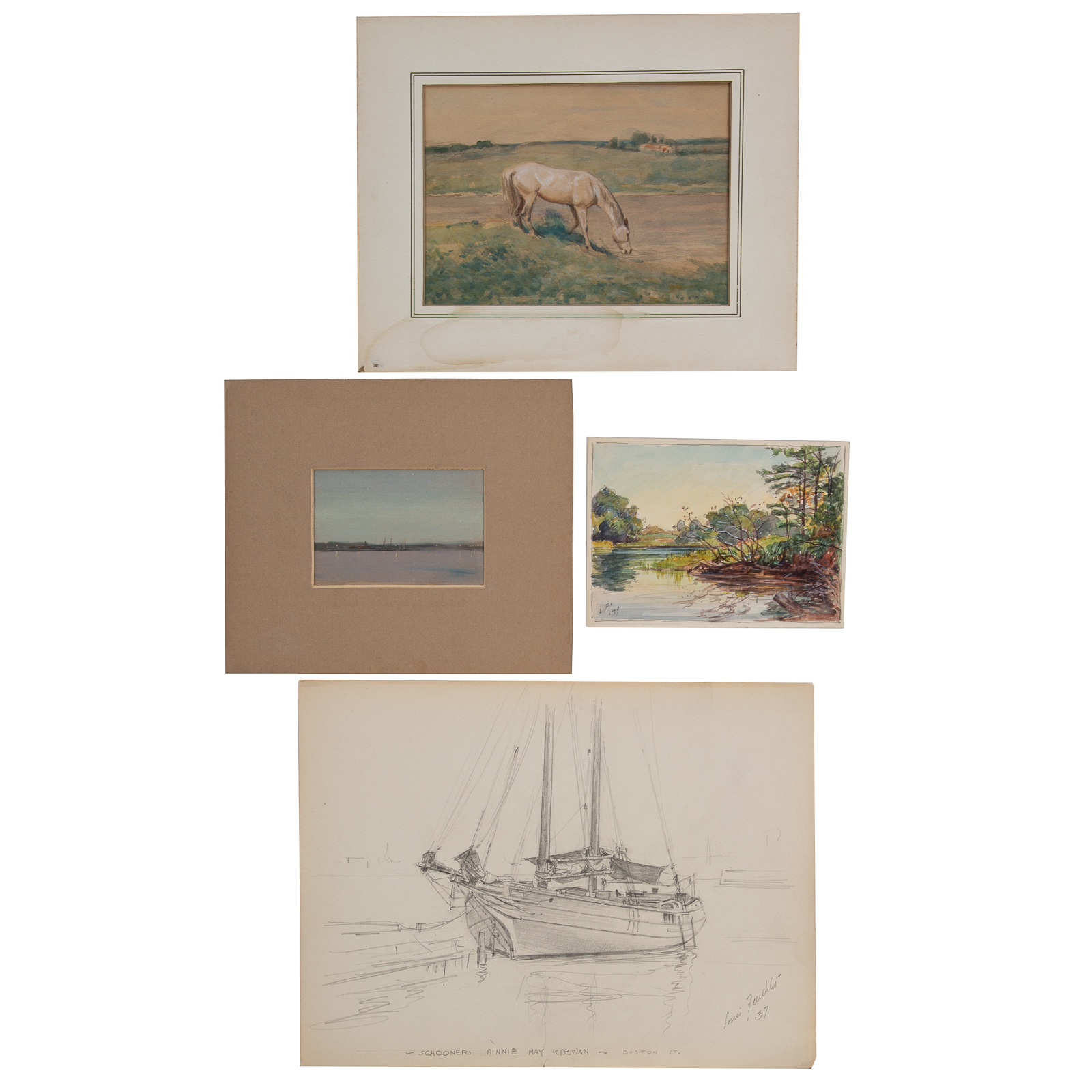 LOUIS FEUCHTER. FOUR ASSORTED DRAWINGS/WATERCOLORS