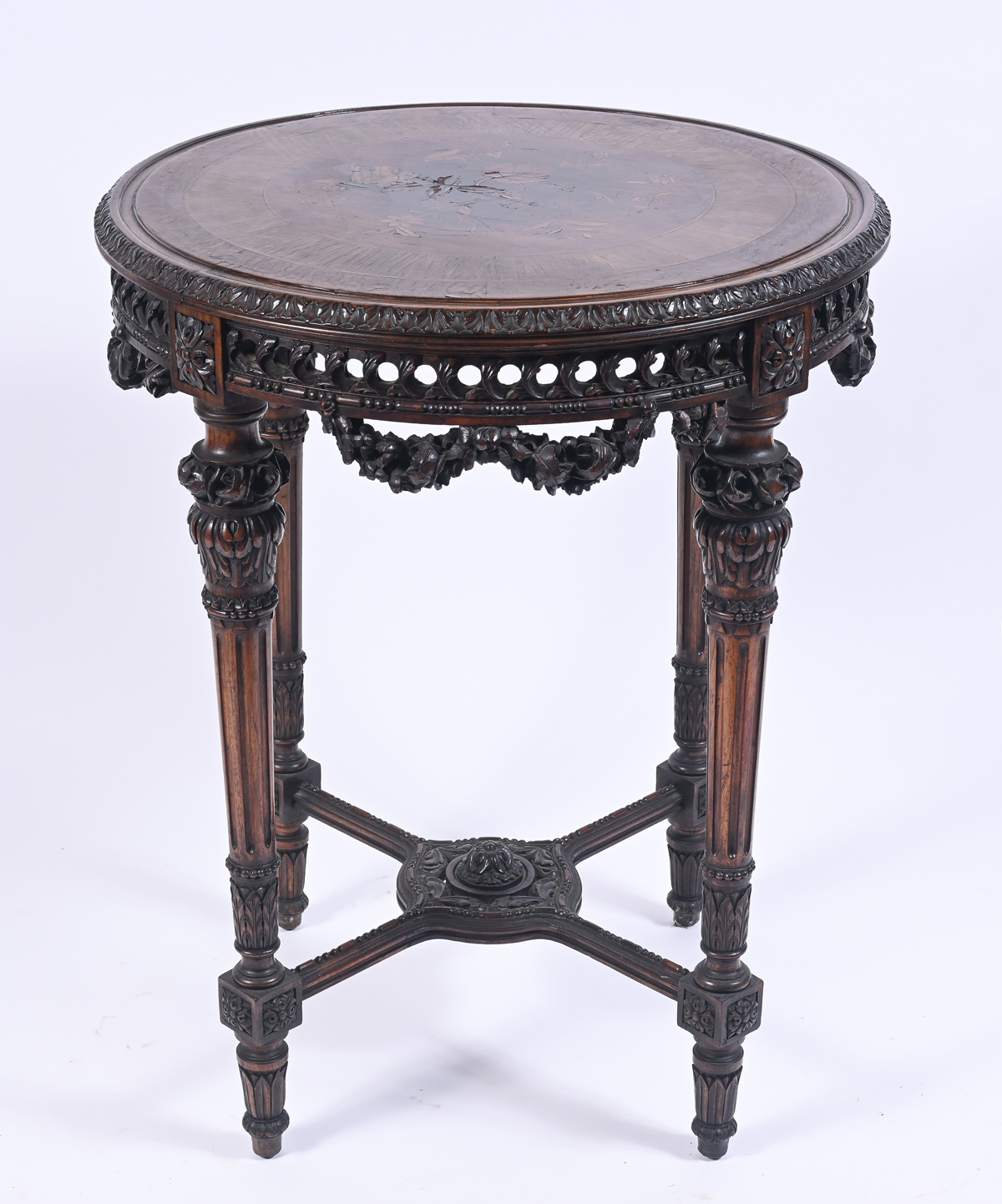 MARQUETRY INLAID CARVED TABLE:
