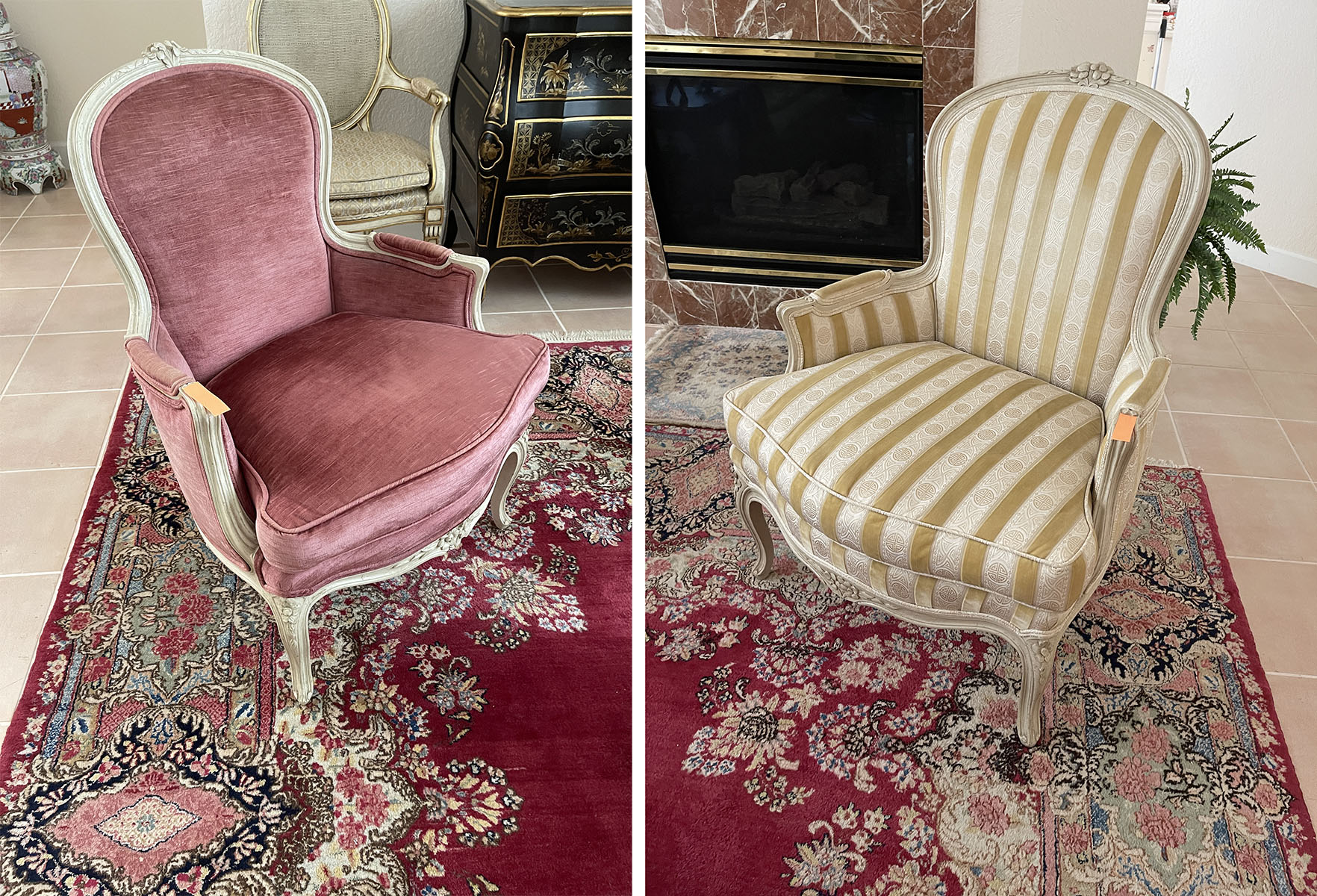 2 CARVED FRENCH BERGERE CHAIRS: