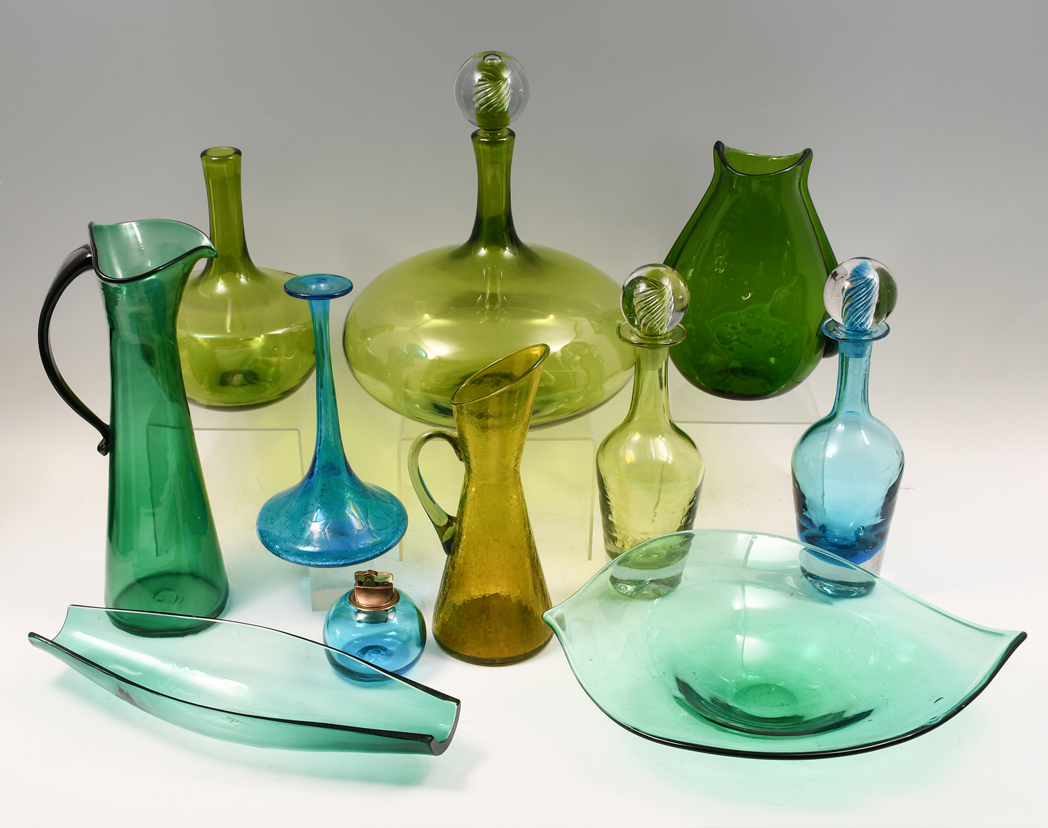 11 PC. BLENKO BLUE & GREEN ART GLASS