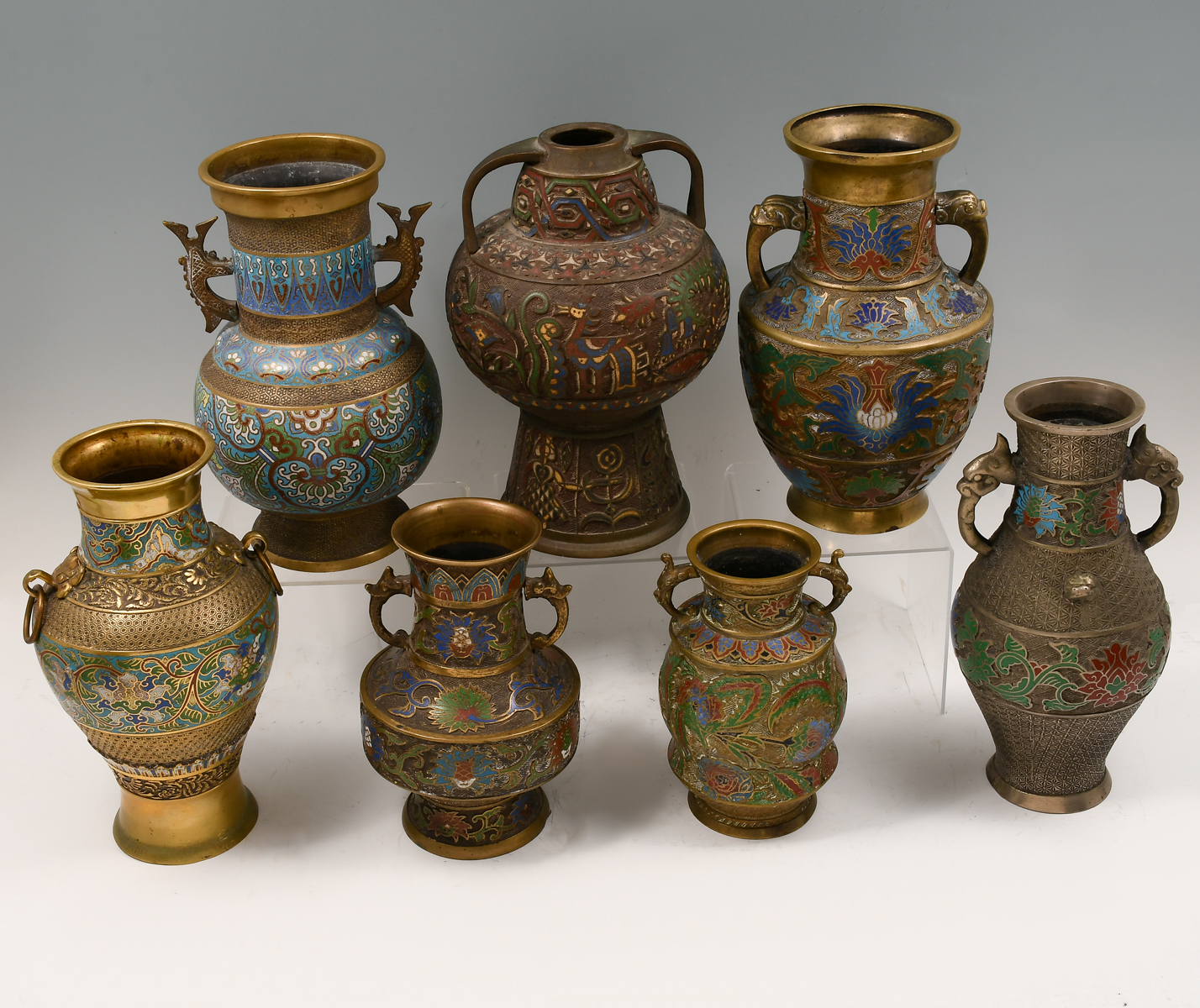 7 PC. JAPANESE CHAMPLEVE VASES: 7 pc.