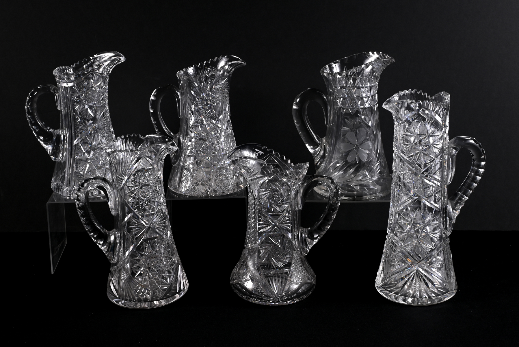 6 PC CUT GLASS PITCHER COLLECTION  36a776