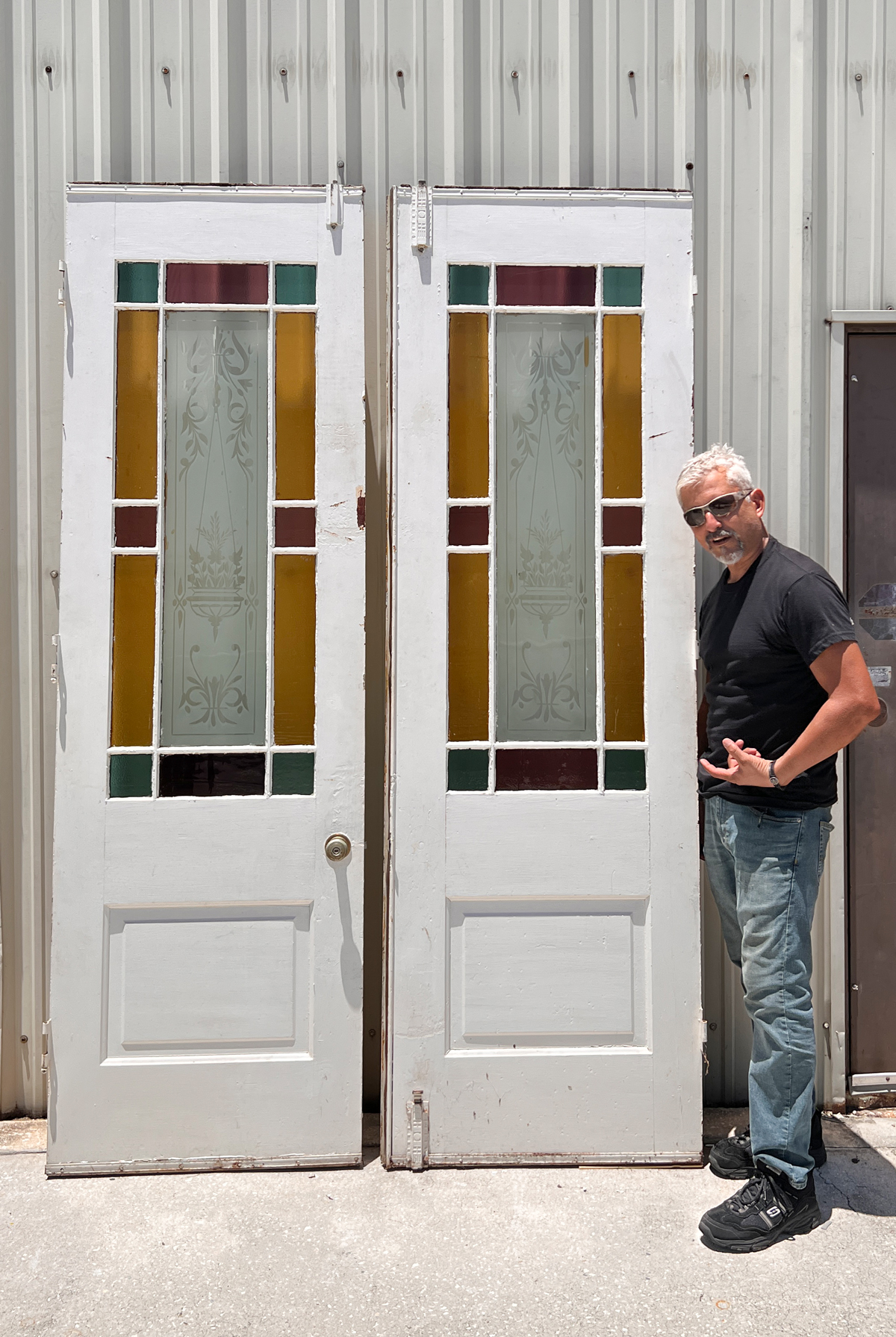 PAIR PAINTED LEADED GLASS DOORS: