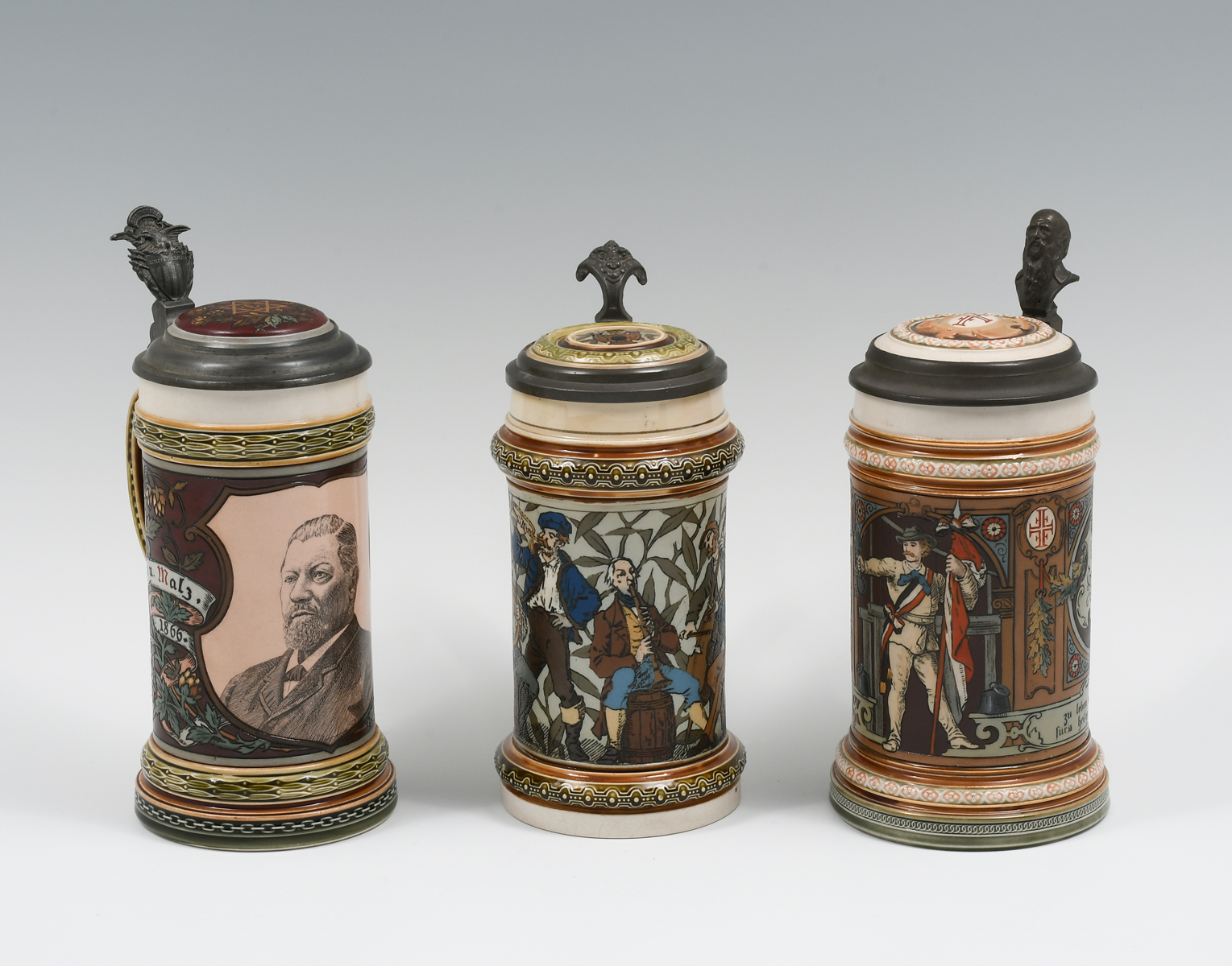 3 PC. METTLACH FIGURAL BEER STEINS: