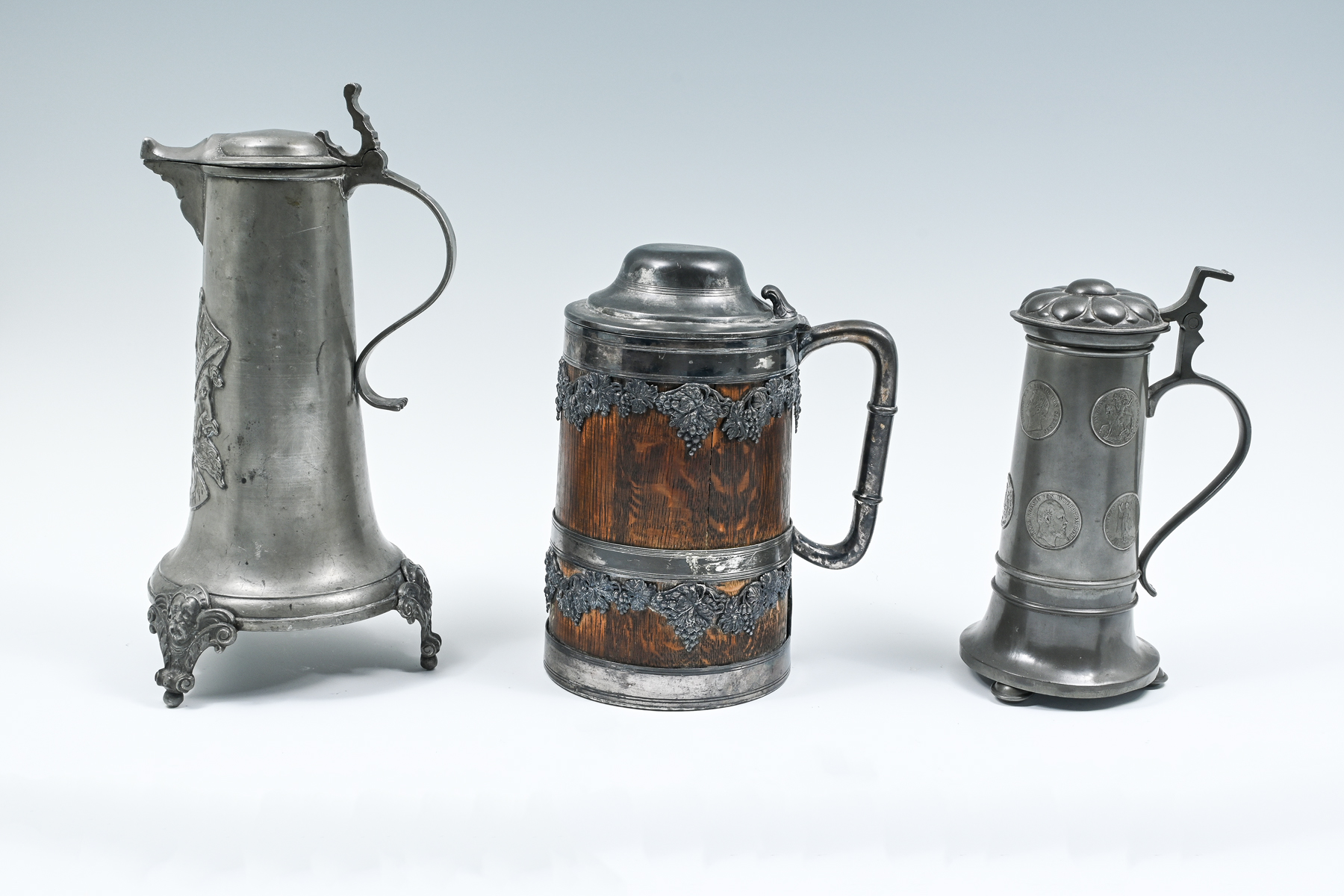 3 PC PEWTER WOOD STEIN COLLECTION  36a916