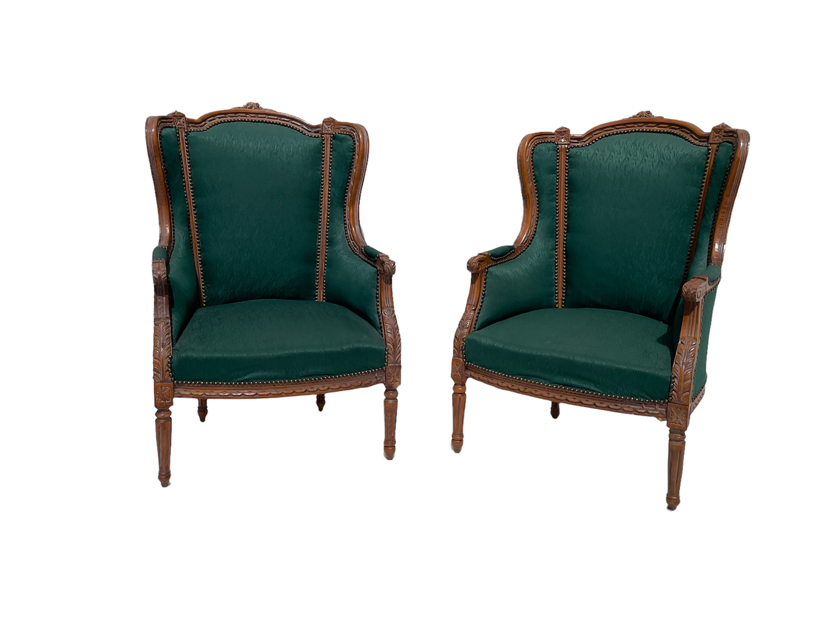 PAIR CARVED WING BACK CHAIRS: Pair