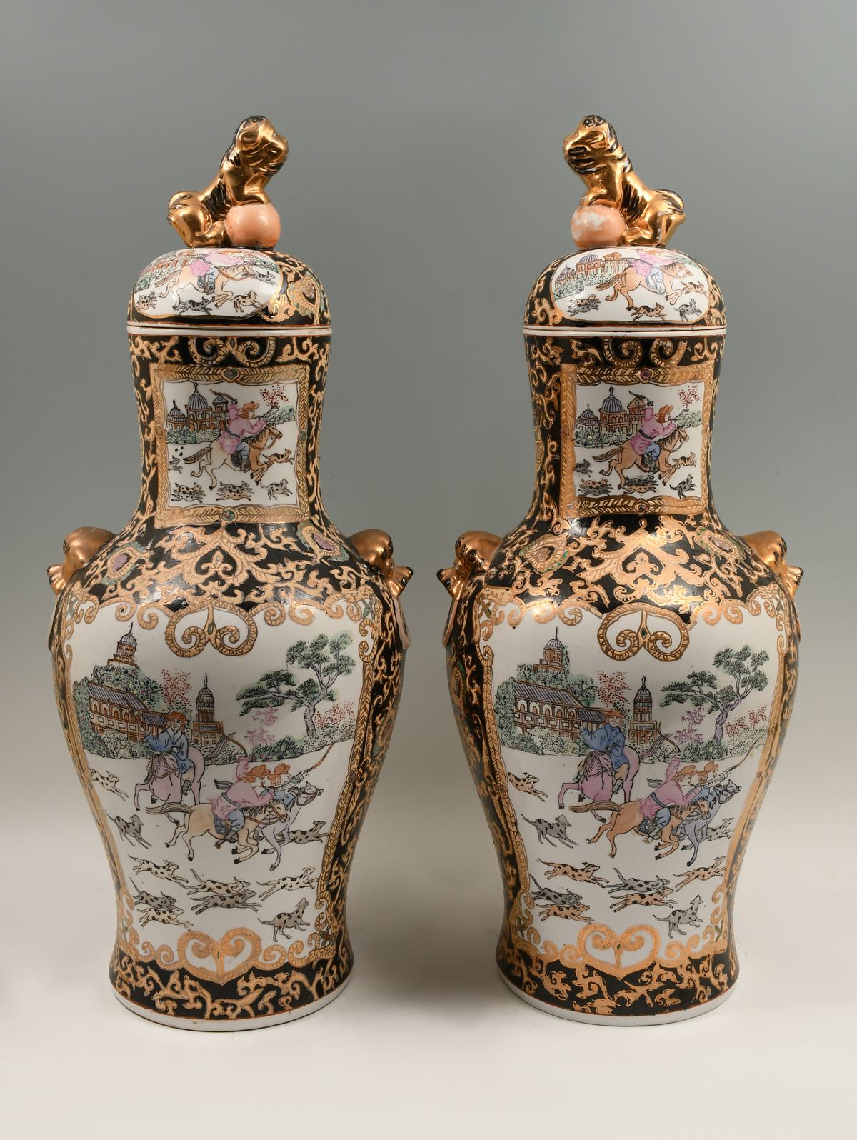 PAIR OF ORIENTAL FAMILLE NOIR COVERED