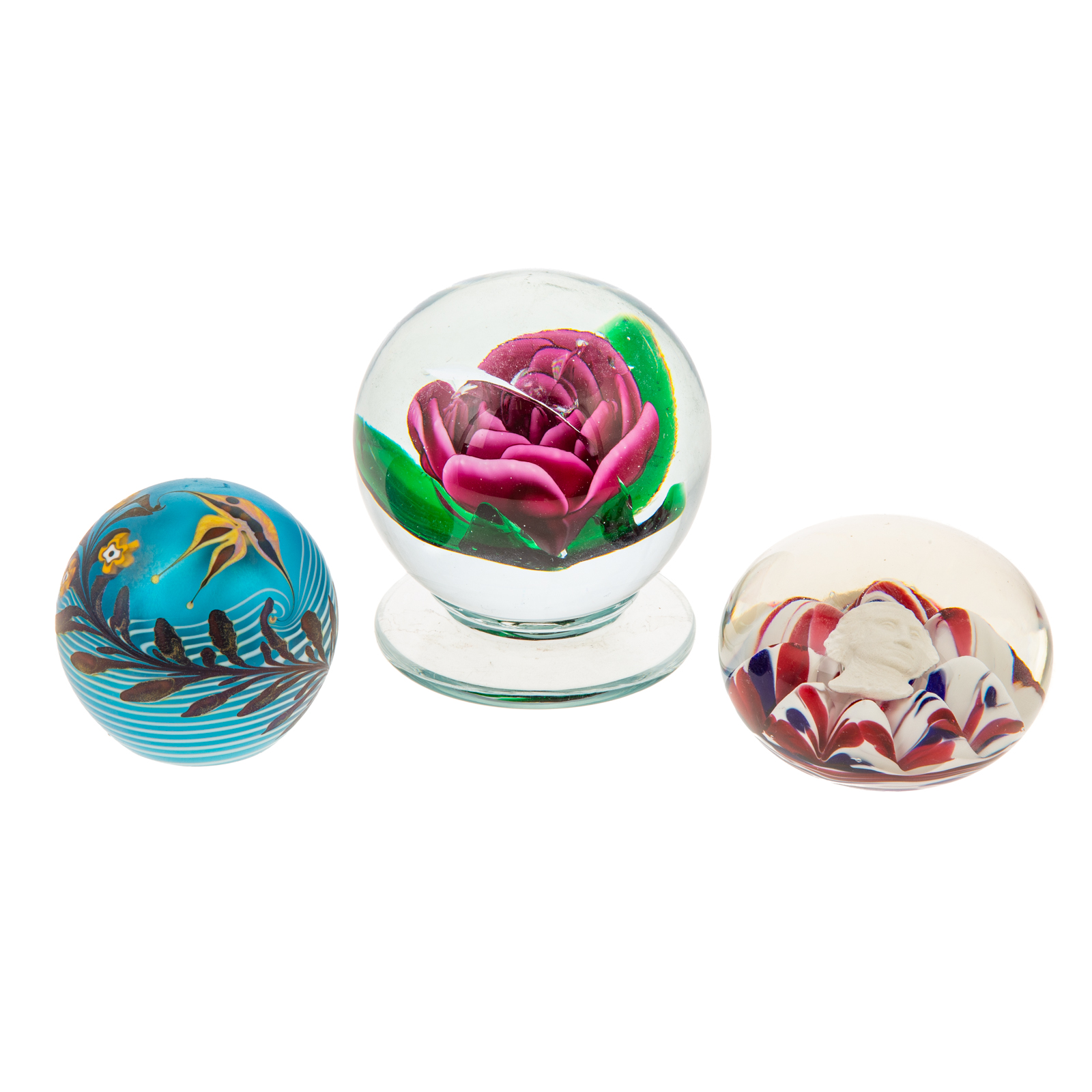 THREE ART GLASS PAPERWEIGHTS Includes