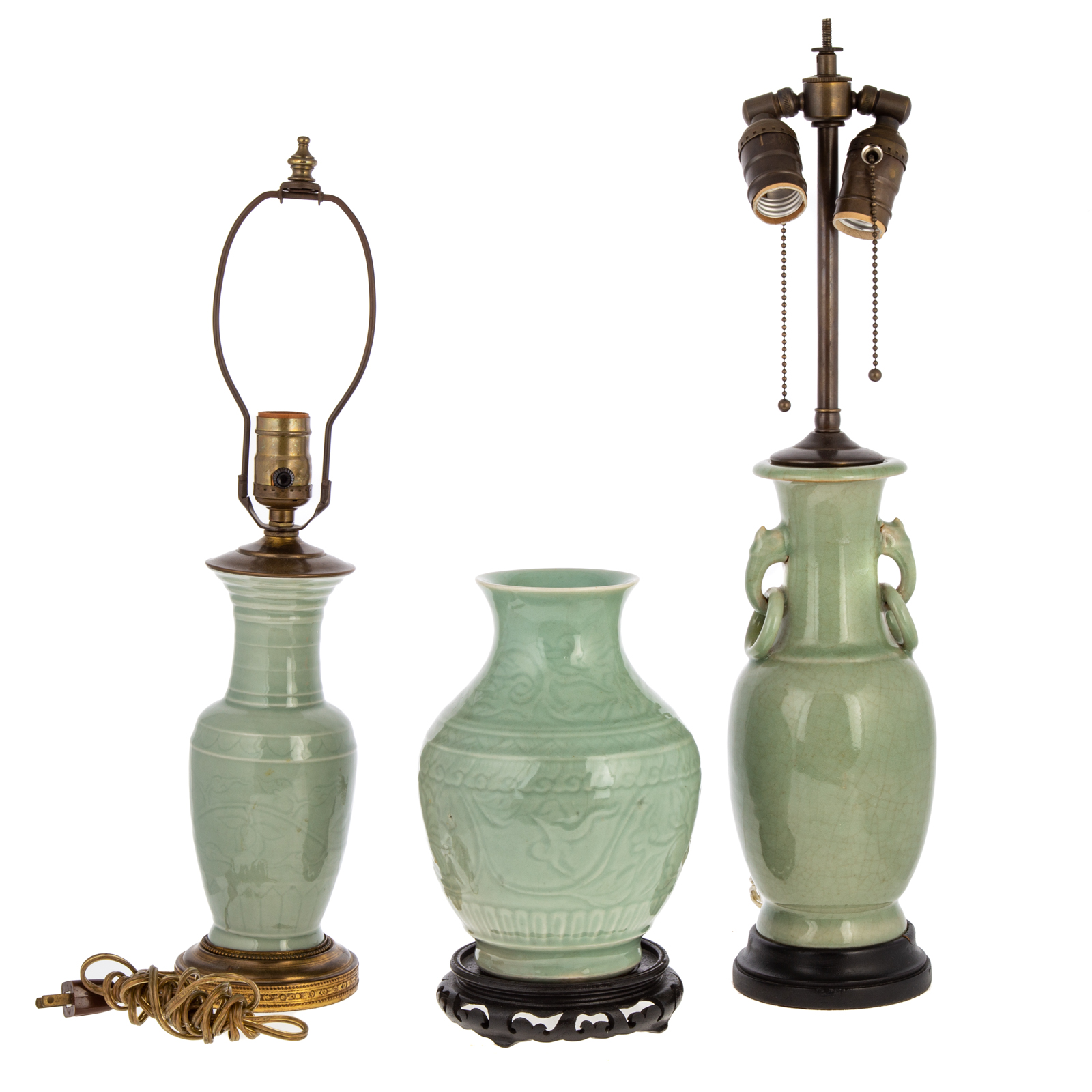 TWO CHINESE CELADON VASE LAMPS
