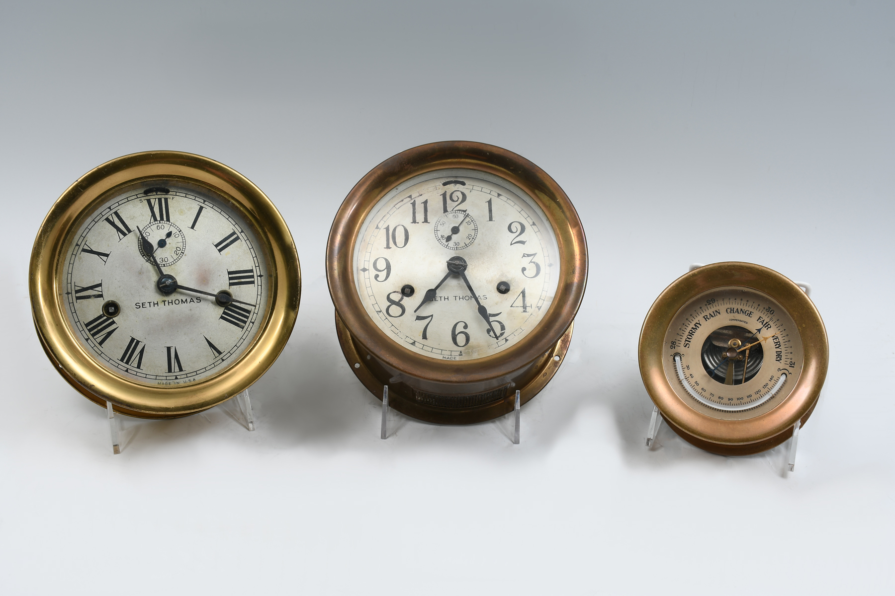 2 SETH THOMAS SHIPS CLOCKS & 1 BAROMETER: