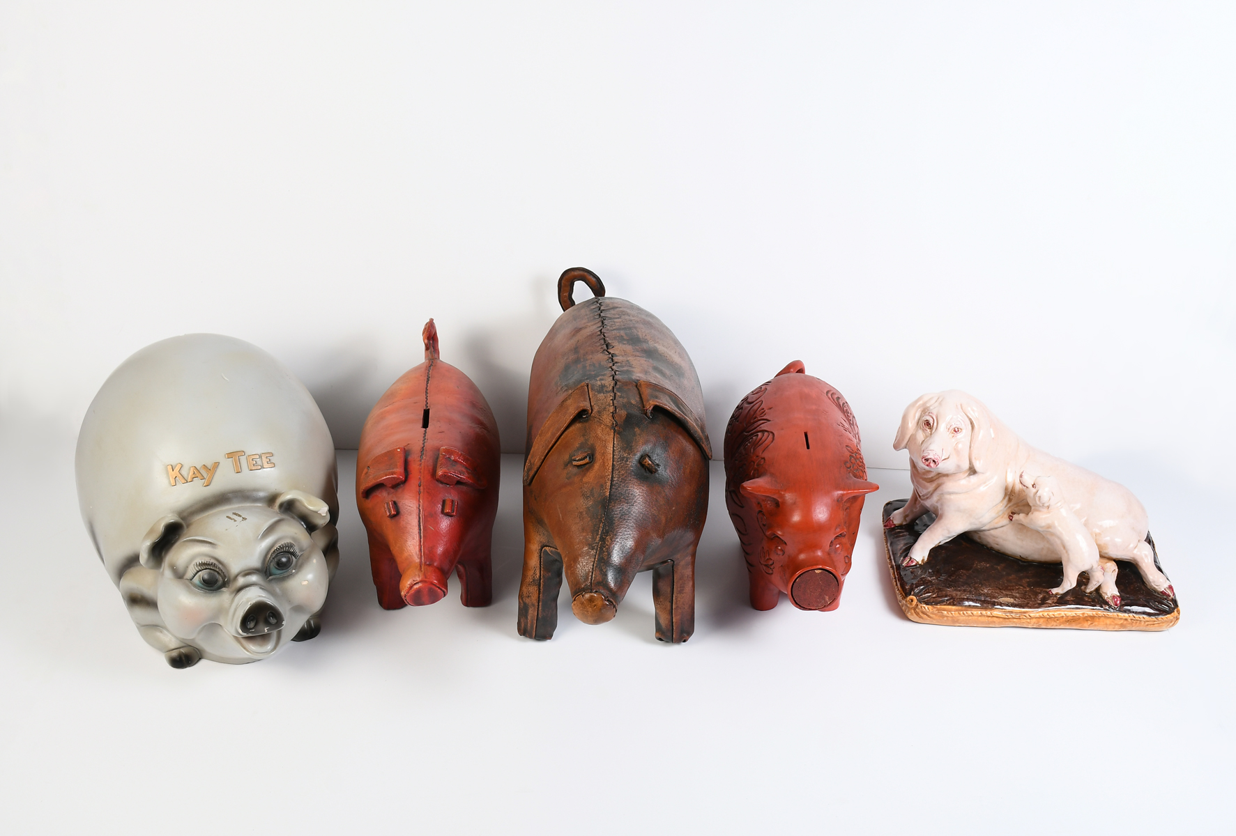 5 PC. CERAMIC & LEATHER PIG COLLECTION: