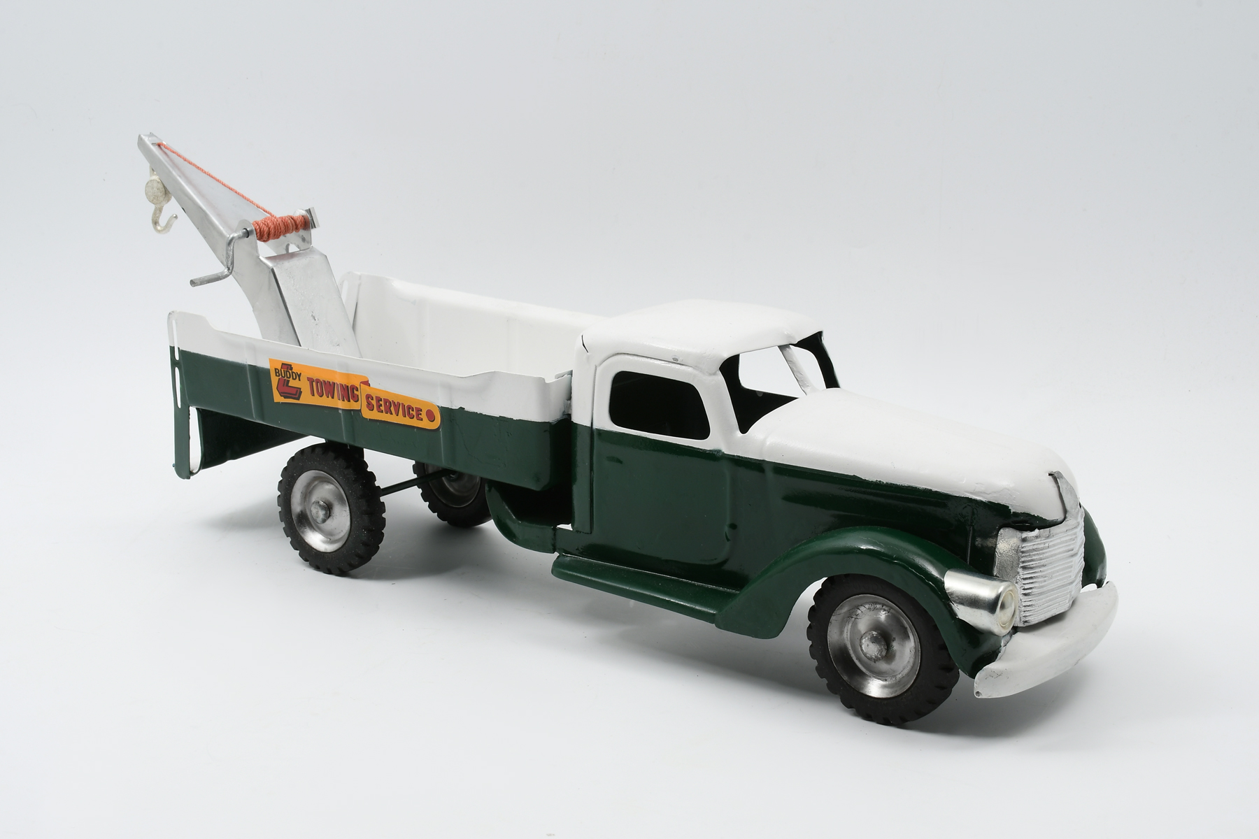 BUDDY L GREEN & WHITE TOW TRUCK: