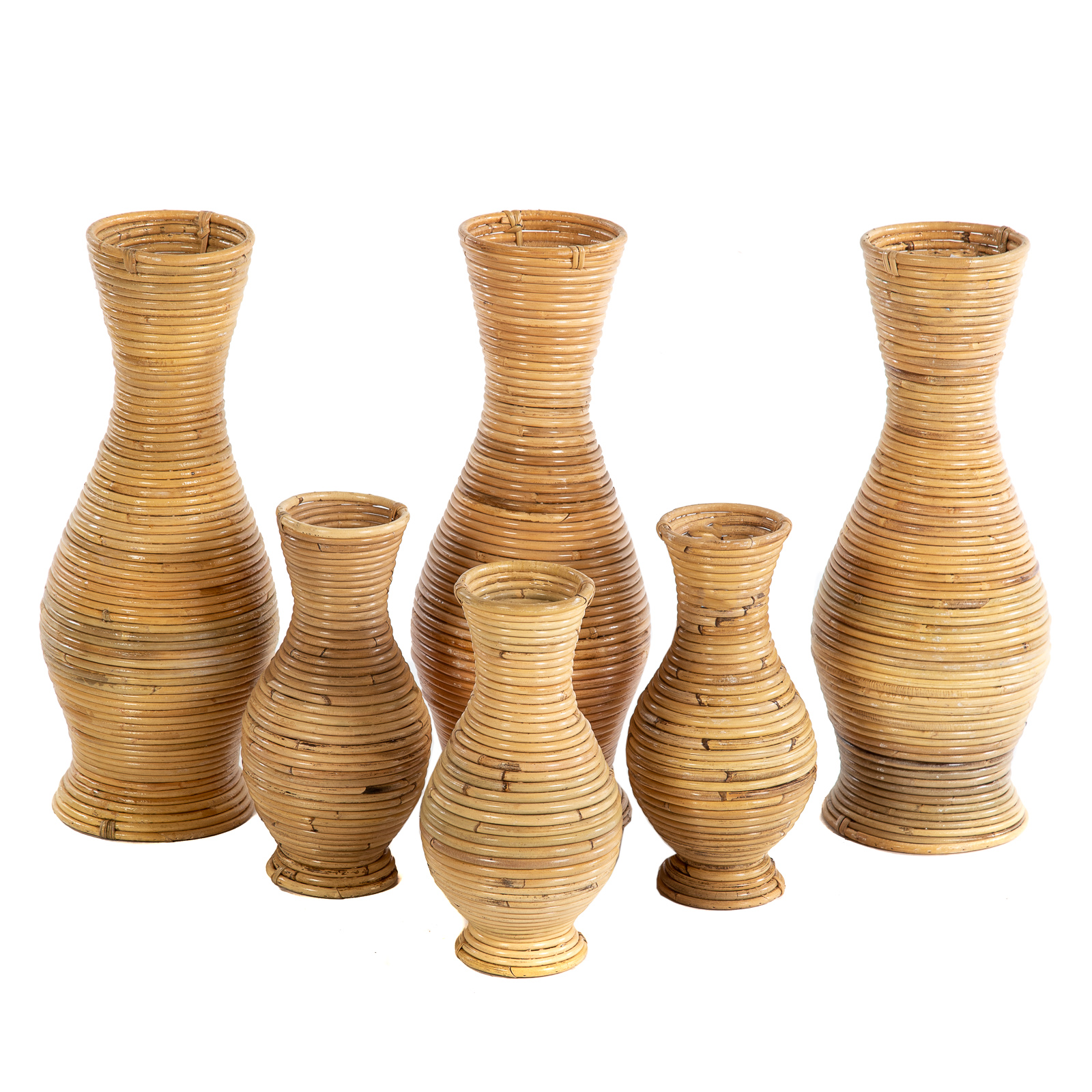 SIX PAUL FRANKL STYLE RATTAN VASES/LAMP