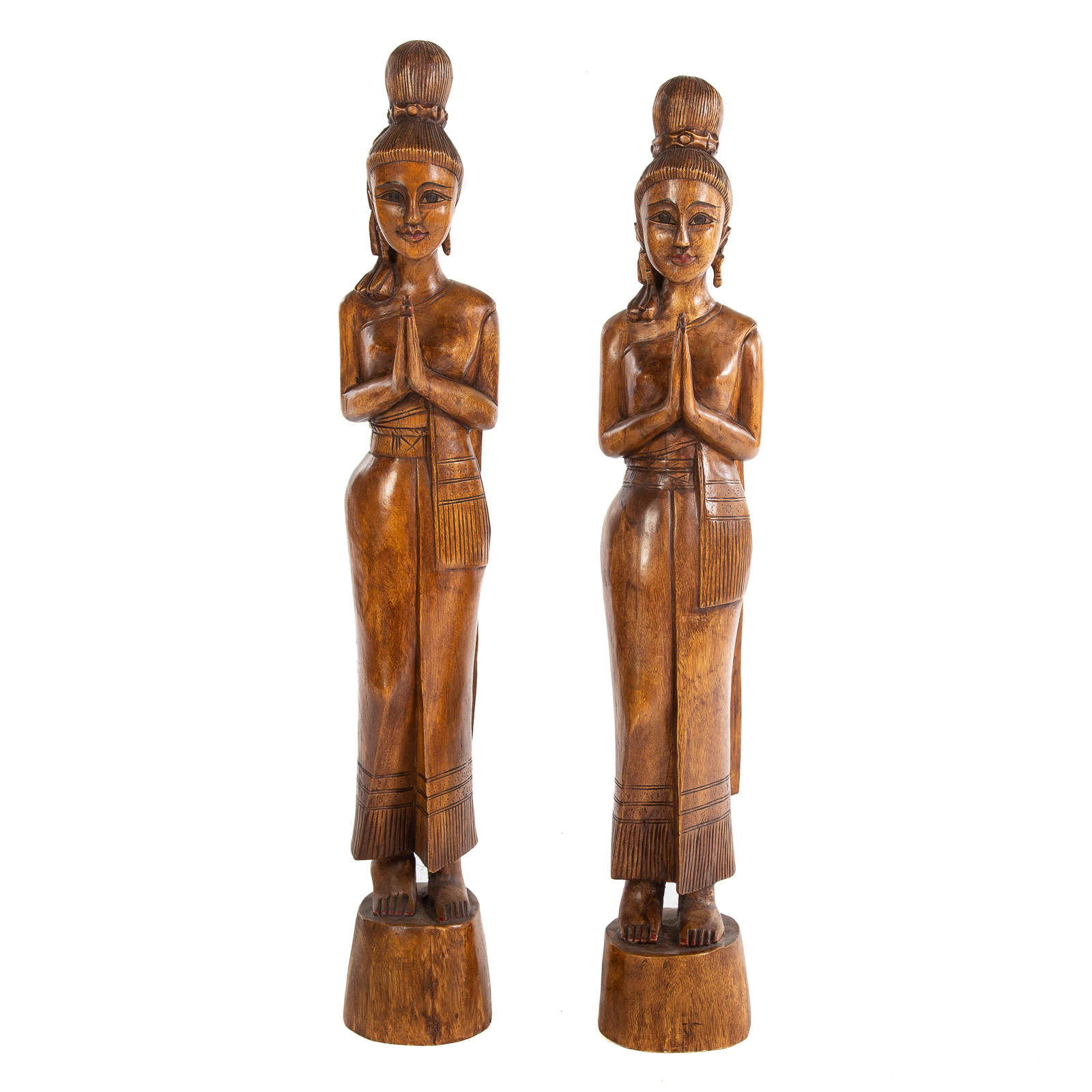 TWO THAI SAWASDEE CARVED WOOD FIGURES