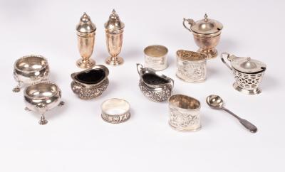 Various silver salts, napkin rings,