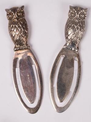 Two silver owl book marks, both marked