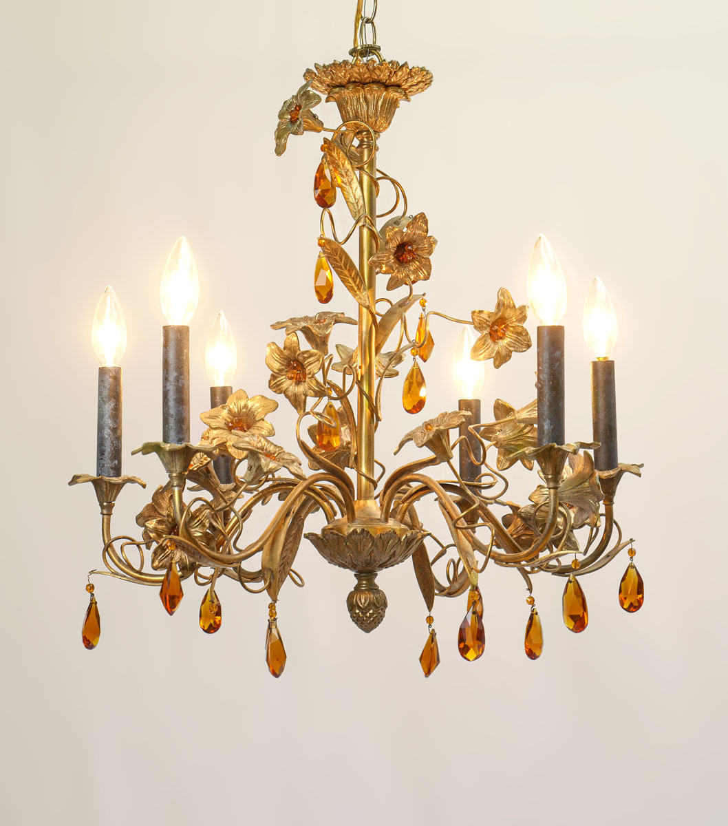 6 LIGHT BRASS BRASS FLORAL CHANDELIER  36ae06