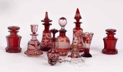 A ruby glass scent bottle and stopper,