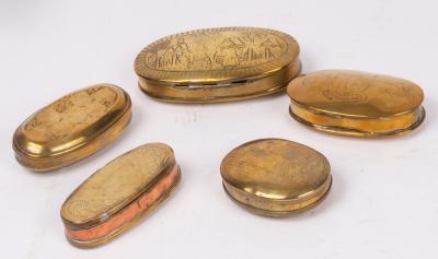 Five Dutch brass tinder boxes, all oval