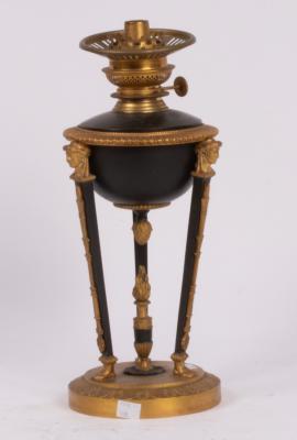 An Empire style oil lamp, japanned