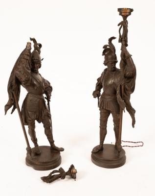 A pair of spelter figures of armoured 36af9c