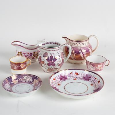 A group of pink lustre table wares