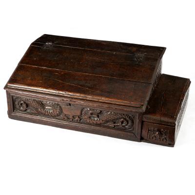 A carved oak bible box initialled