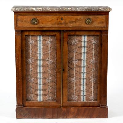 A marble topped cabinet enclosed