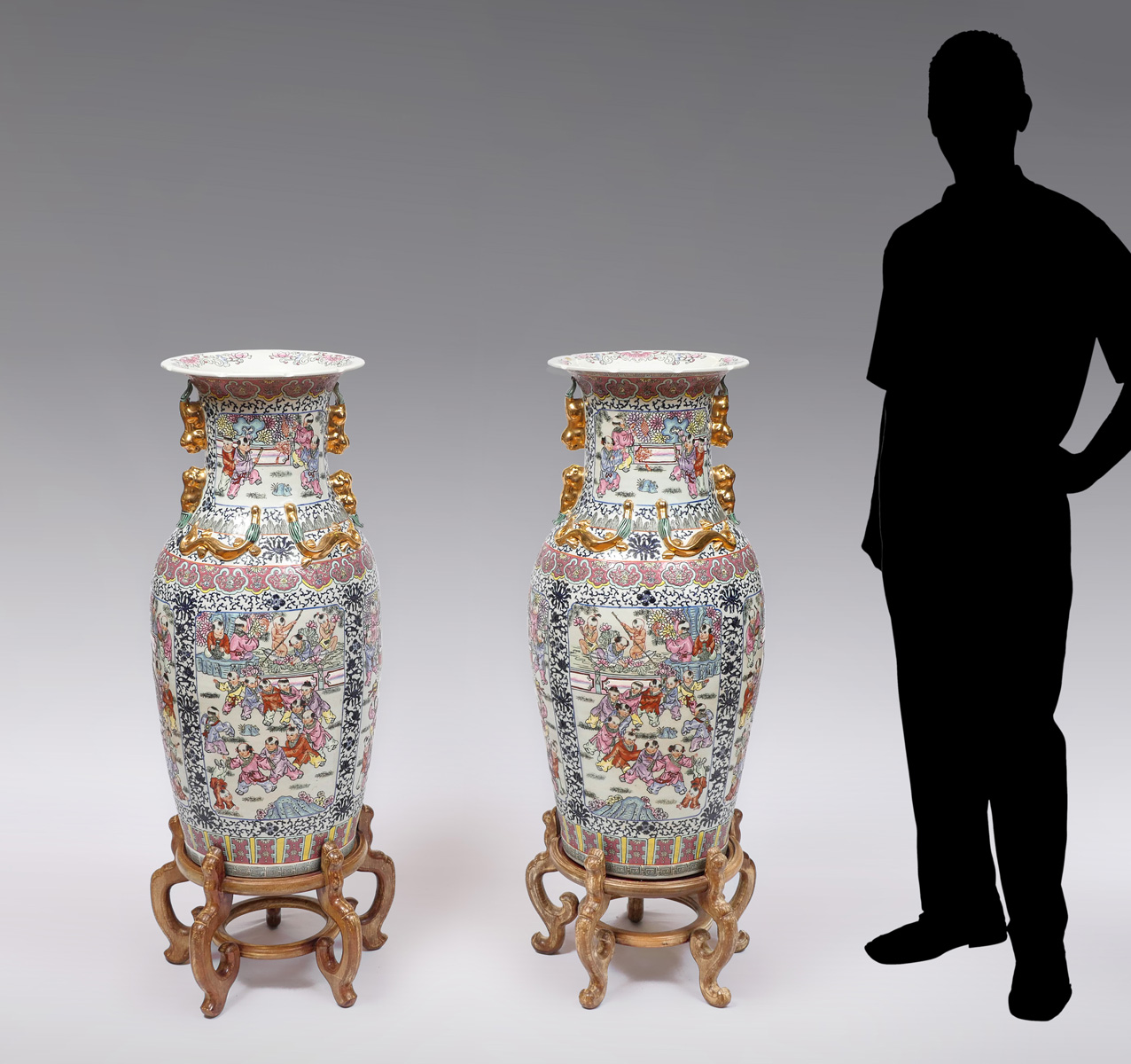 PAIR OF FAMILLE ROSE PALACE VASES: