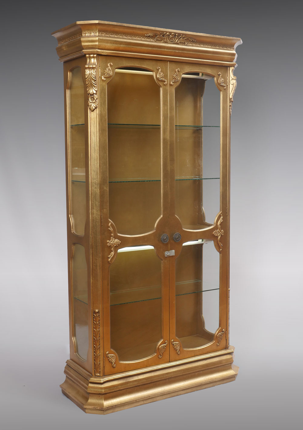 CARVED GILT DISPLAY CABINET: Tall