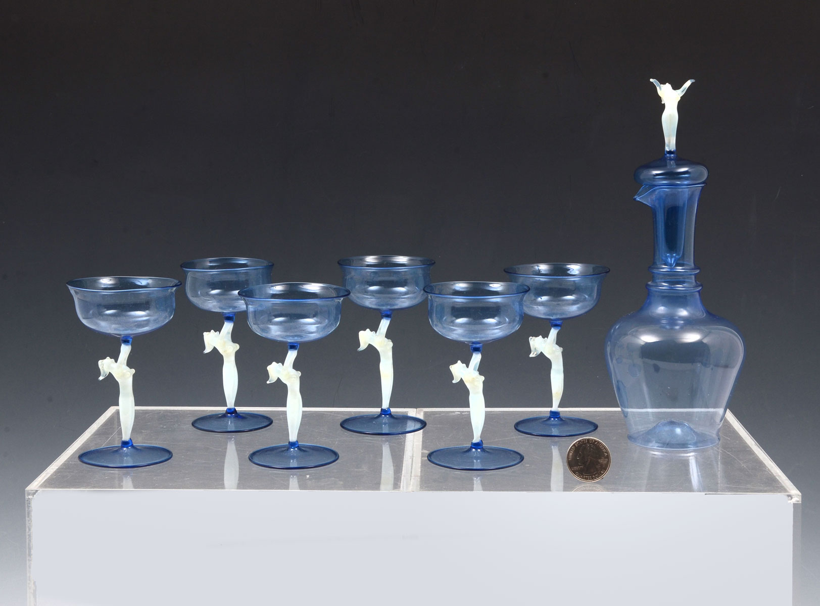 7 PC. BLUE BIMINI GLASS NUDE DECANTER