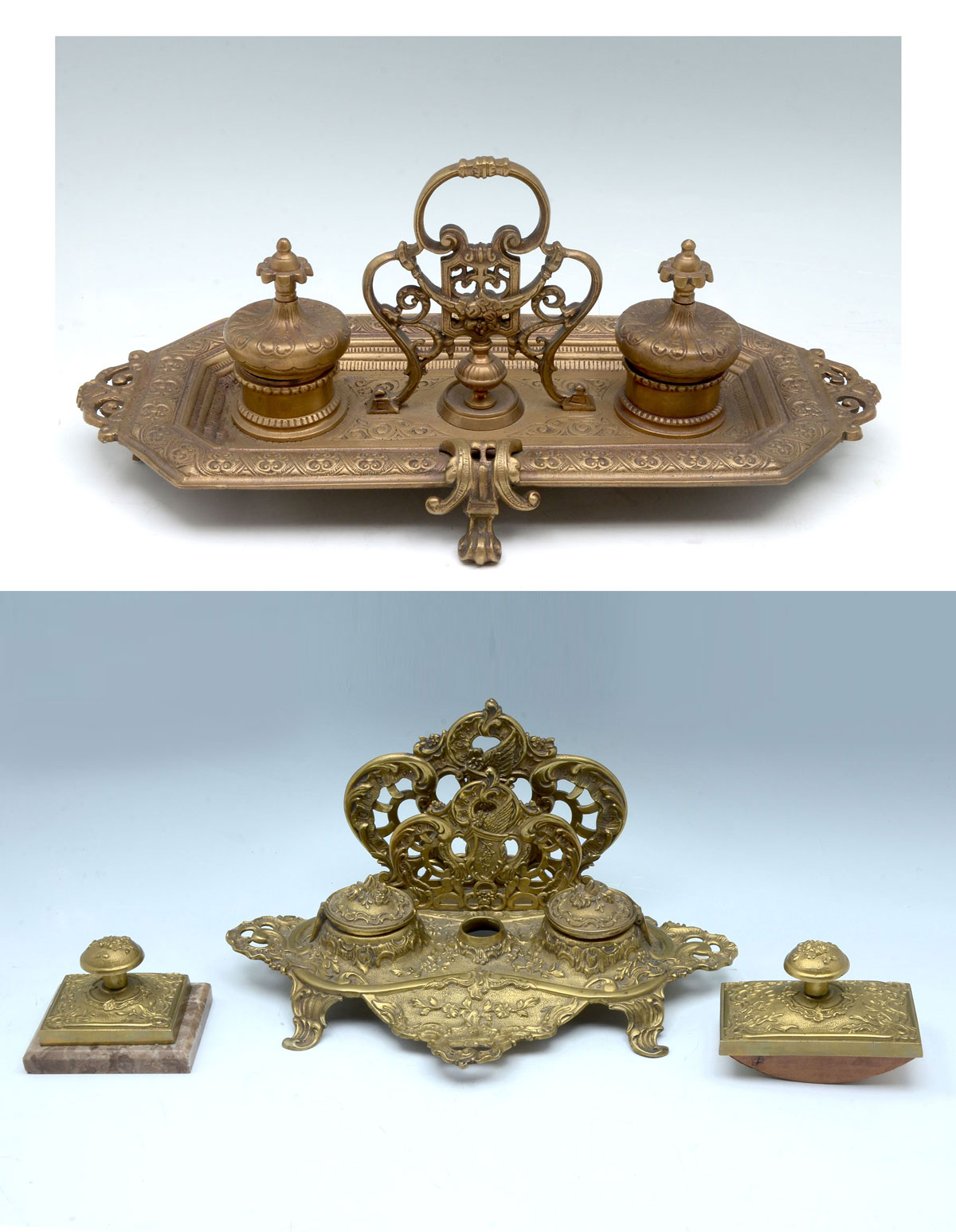 2 ANTIQUE INKWELL SETS: 1) Comprising;