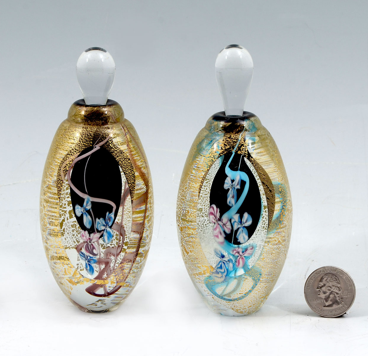 2 GOLD FLECKED PERFUME BOTTLES: