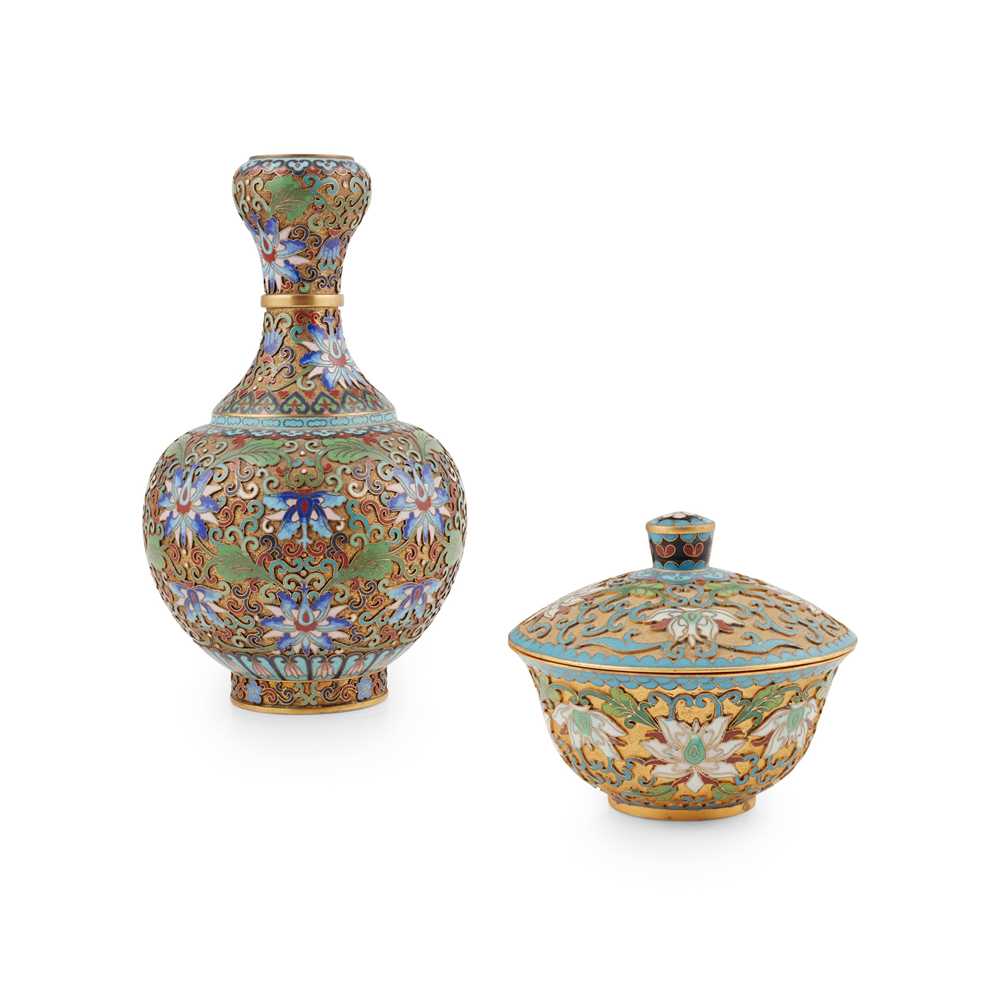 TWO GILT-BRONZE, CLOISONNE AND