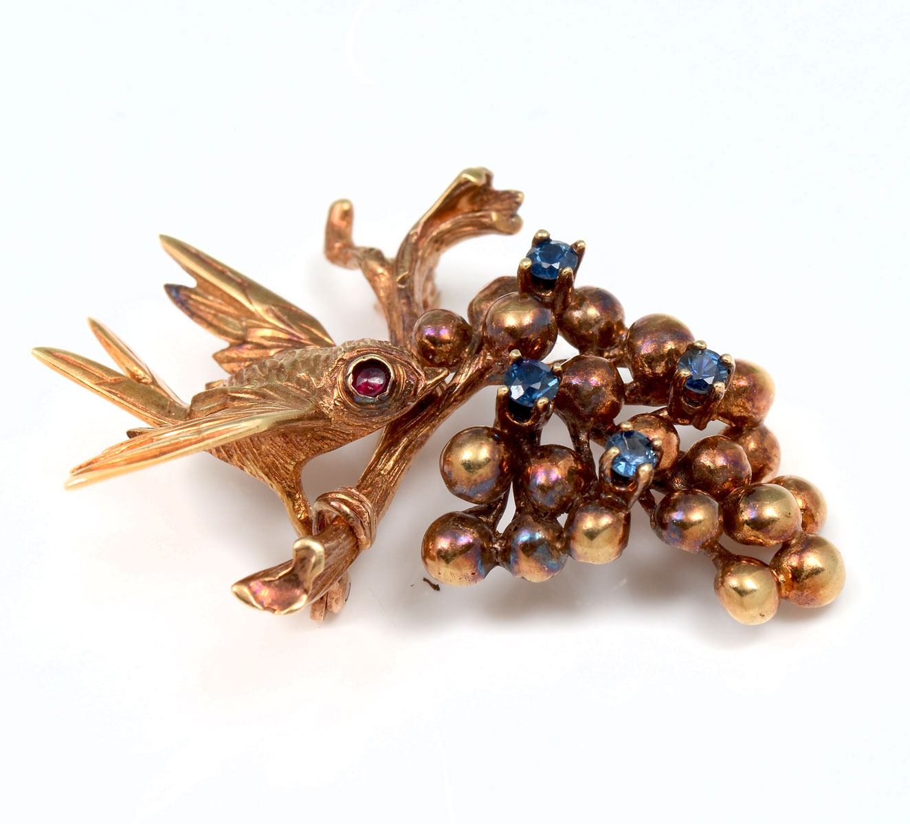 14K BIRD & BRANCH BROOCH: 14K yellow