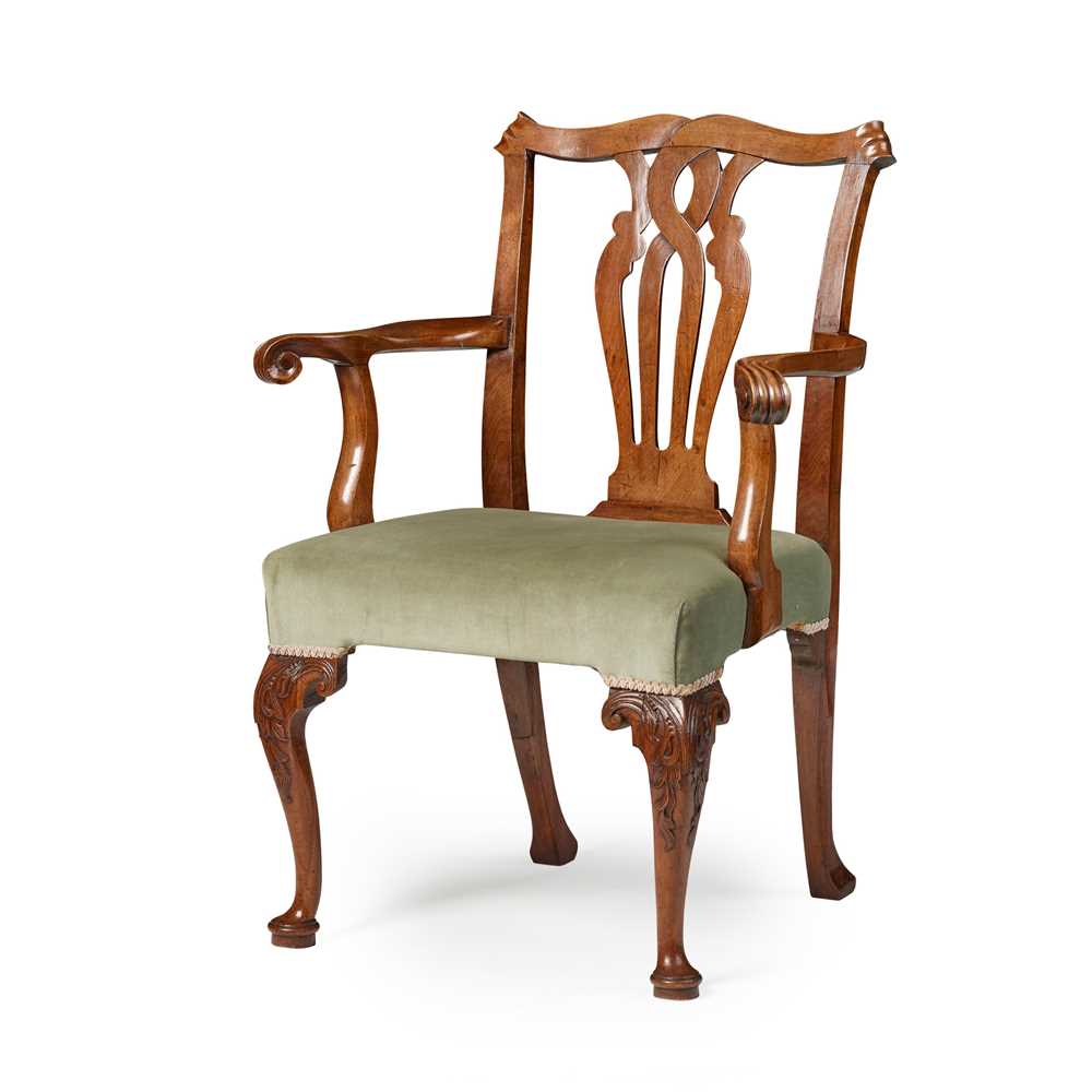 LATE GEORGE II WALNUT ARMCHAIR MID 36e0ec