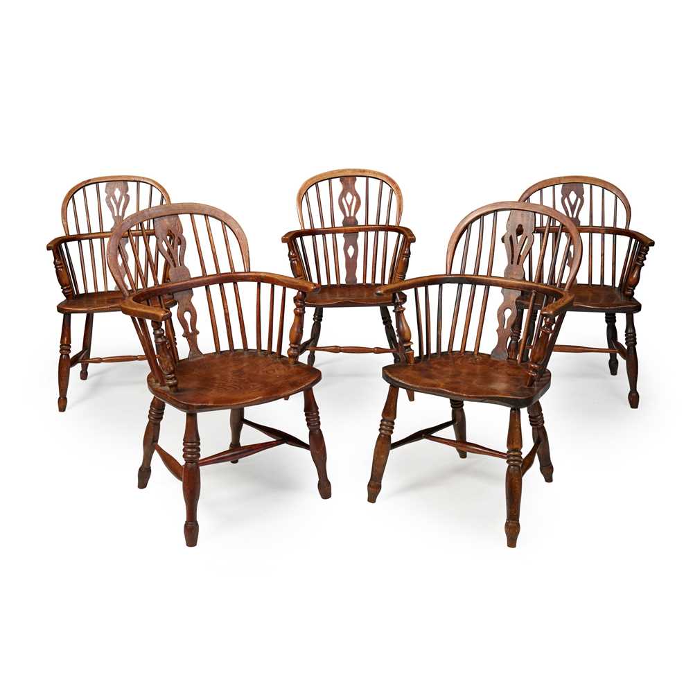 SET OF FIVE ELM WINDSOR ARMCHAIRS
19TH