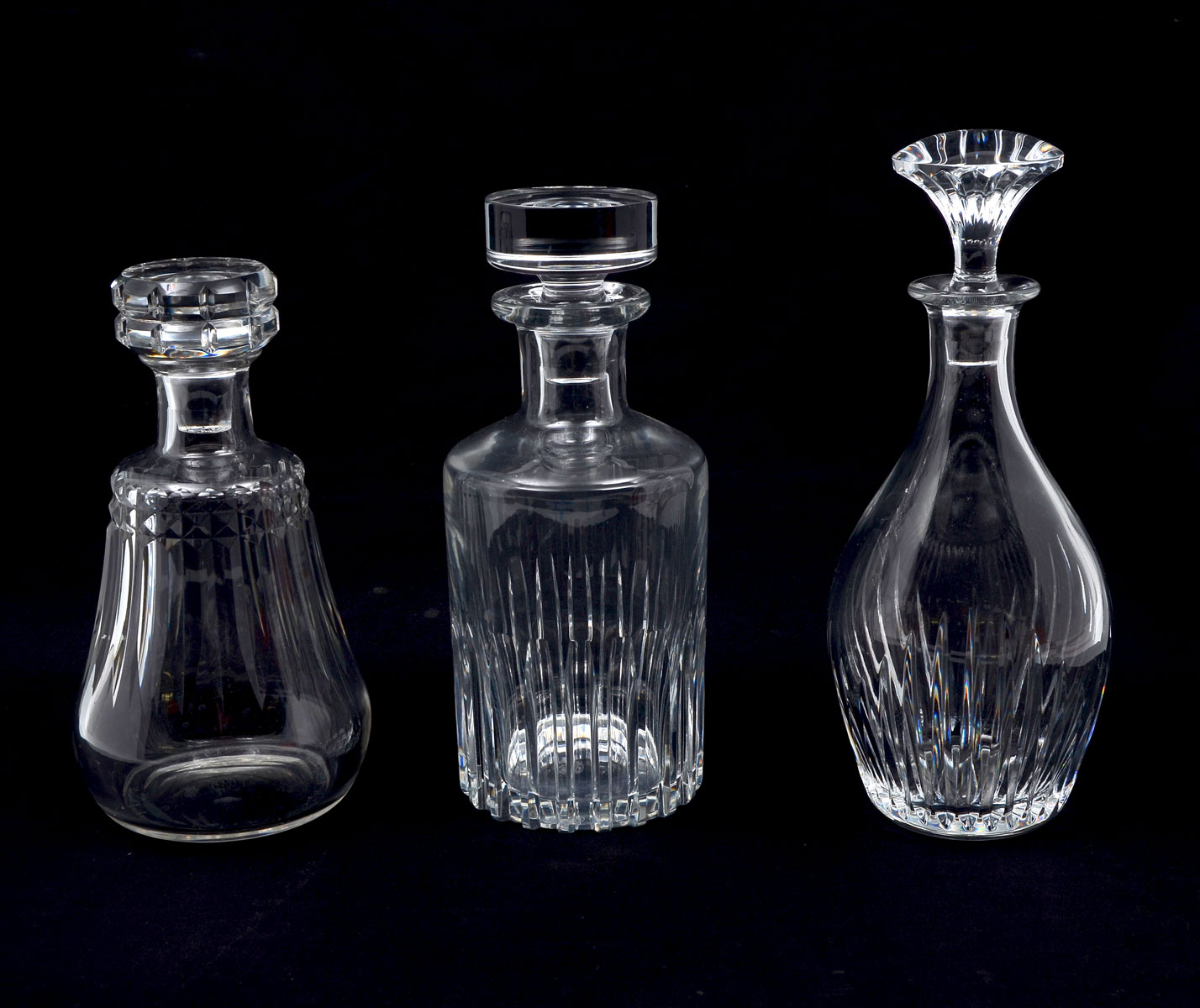 3 RIBBED BACCARAT CRYSTAL DECANTERS: